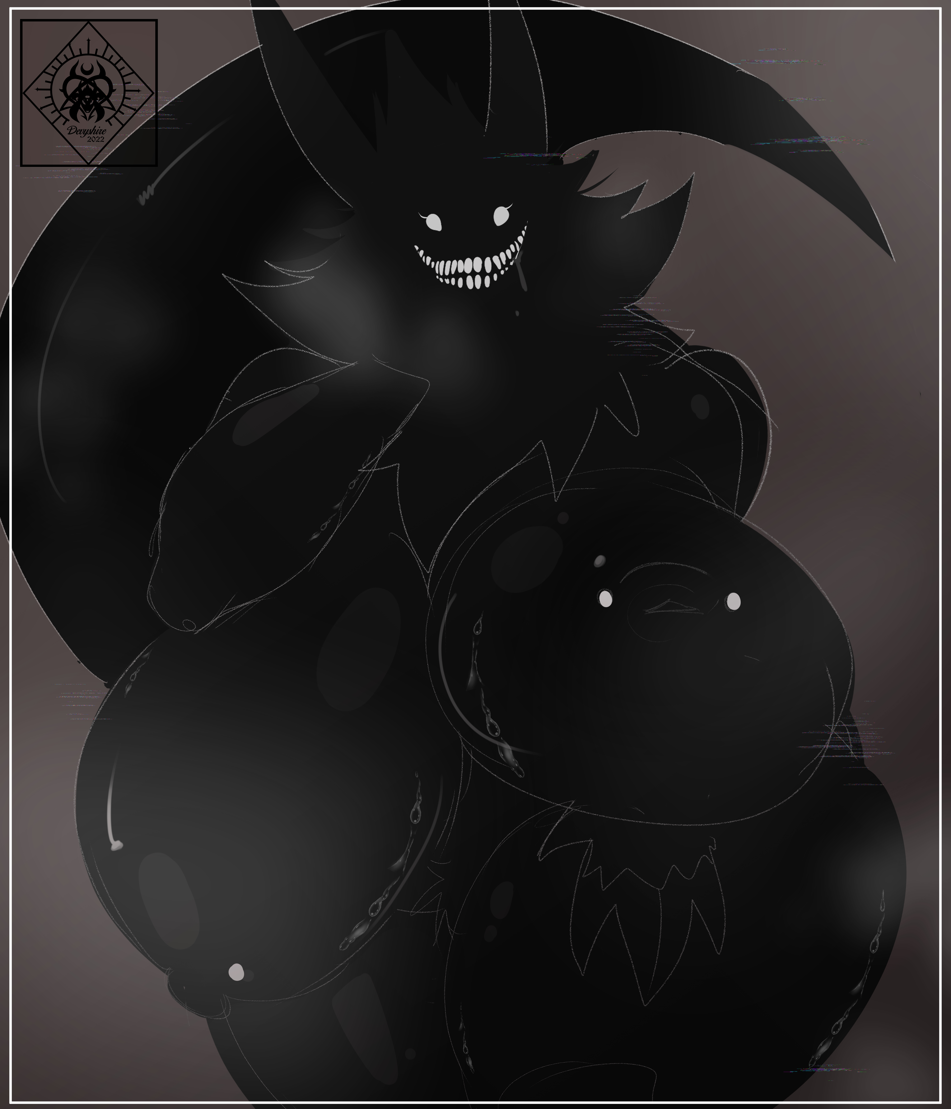 1girls, big breasts, black body, black fur, black skin, breasts, chelsea (goatdevilwhite17), female, fur, furry, giant breasts, giant thighs, goatdevilwhite17, grey background, huge breasts, long tail, looking at viewer, naked, nightmare waifu, no clothes, nude, smiler (the backrooms), solo, tall, the backrooms, thick thighs, white eyes