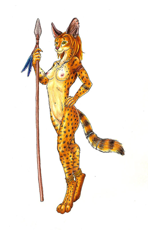 anklet anthro breasts chewtoy claws digitigrade ear_piercing earring feathers female full-length_portrait full_length furry green_eyes hunter navel necklace nipples nude orange orange_hair piercing polearm portrait pussy serval solo spear spots standing tail tribal weapon