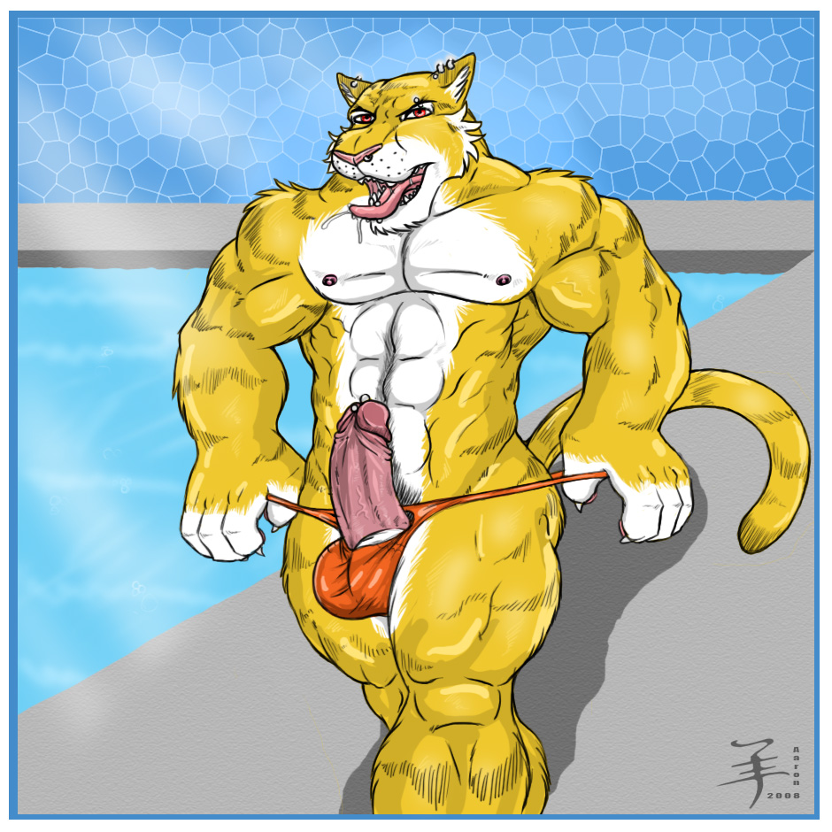 1boy aaron_(artist) anthro balls big_balls claws drool ear_piercing earring erection eyebrow_piercing fangs feline fur furry looking_at_viewer male male_only muscles nose_piercing penis penis_piercing piercing pool pop_out presenting red_eyes saliva skimpy solo standing swimsuit tail tiger tongue tongue_piercing undressing