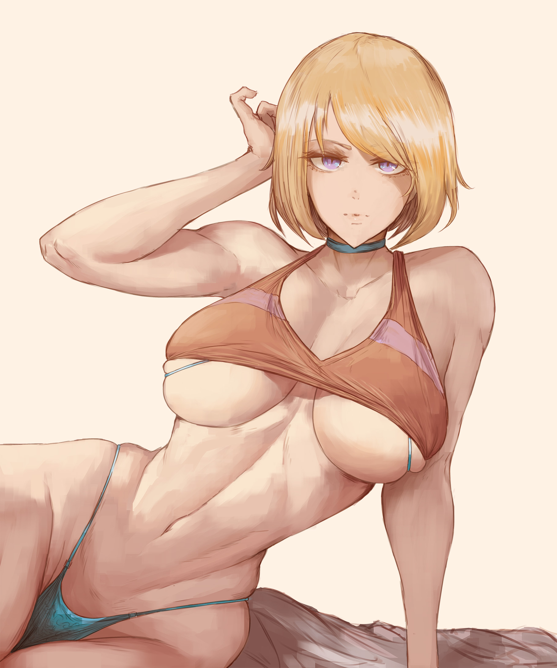1girls, big breasts, big thighs, blonde female, blonde hair, breasts, ceevapi, cha hae in, curvy, curvy female, cutesexyrobutts (style), female, female focus, looking at viewer, no pants, panties, purple eyes, short hair, solo, solo leveling
