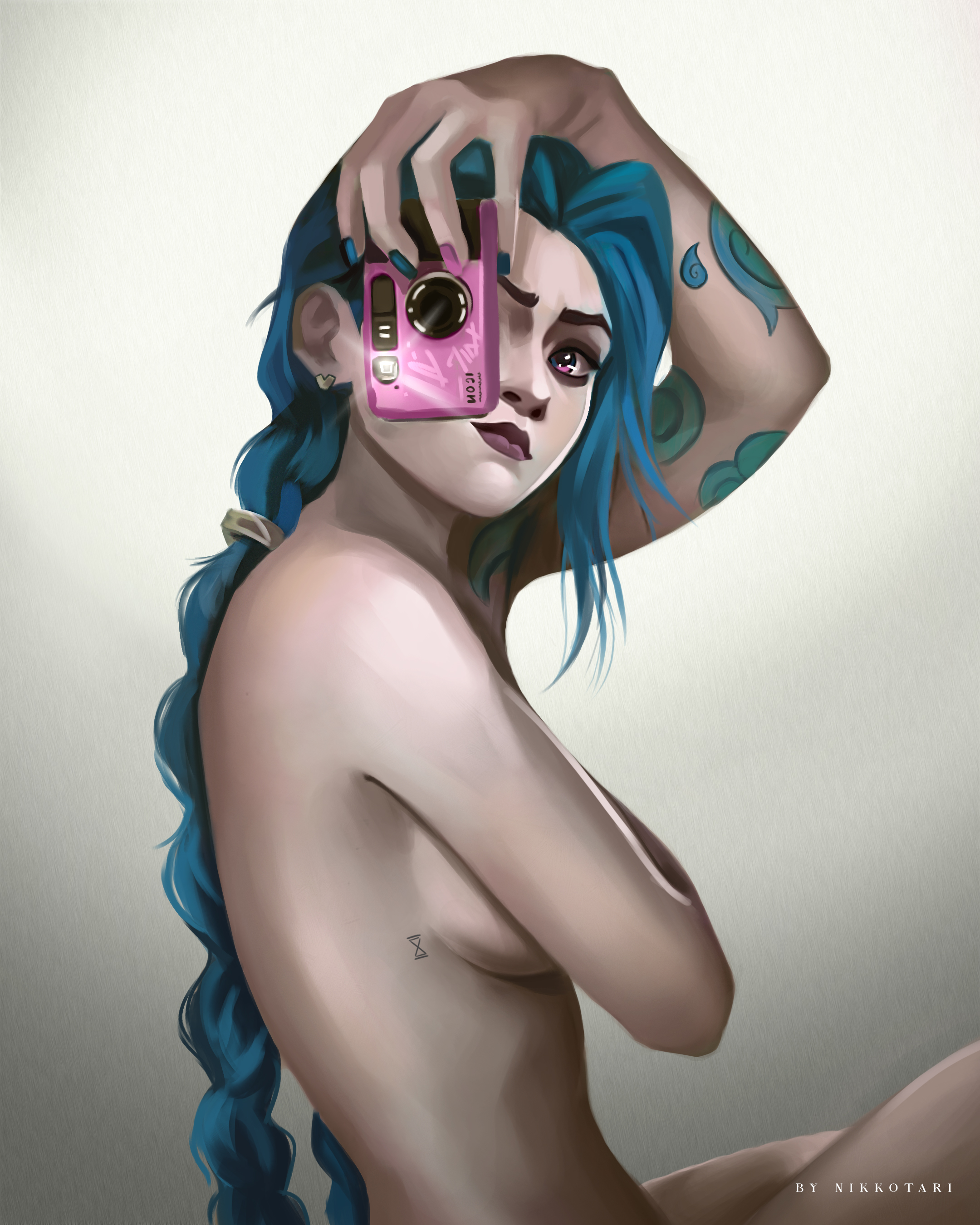 1girls, absolutely nothing on, artist name, ass, blue hair, blue nails, braid, braided hair, braids, breasts, camera, camera view, casual, casual nudity, completely naked, completely nude, covering, covering breasts, female, female only, holding weapon, jinx (league of legends), league of legends, naked, naked female, nikkotari, nude, nude female, pink eyes, pink nails, riot games, selfie, sideboob, simple background, solo, solo female, tattoo, tattoos