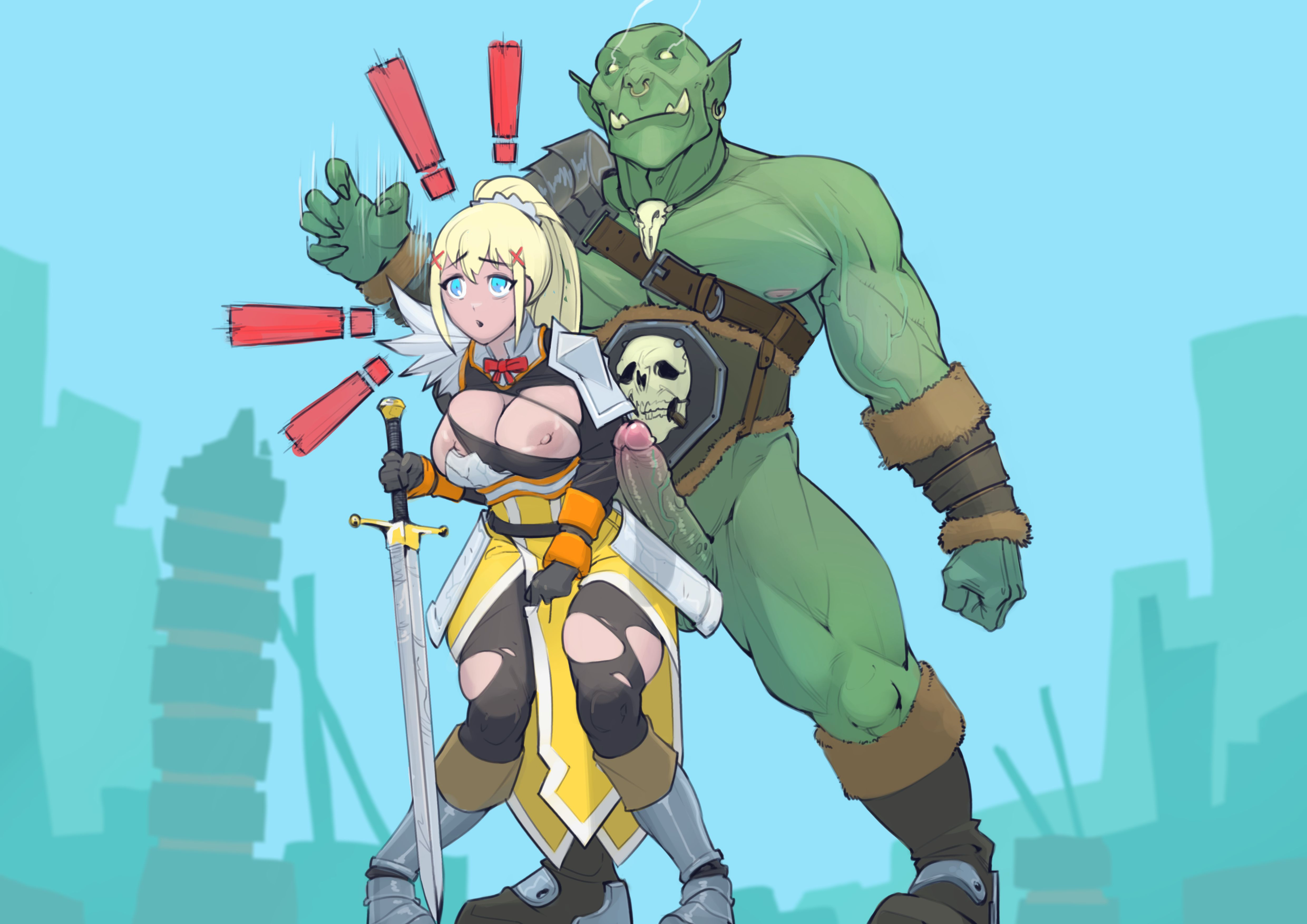 1boy, 1girls, atomiccreep, blonde hair, breasts, breasts out, darkness (konosuba), female, human, human female, imminent rape, imminent sex, kono subarashii sekai ni shukufuku wo!, konosuba, male, monster, nipples, orc, orc male, penis, pussy, ripped clothing, ripped pants, sword, tits out, unaware