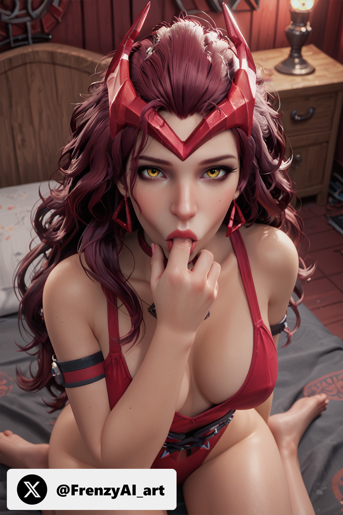 3d, ai generated, bare shoulders, barefoot, bed, breasts, earrings, female, finger to mouth, freckles, frenzyai, indoors, jewelry, large breasts, lips, long hair, looking at viewer, marvel, marvel comics, marvel rivals, nail polish, one-piece swimsuit, oral invitation, patreon username, red hair, red one-piece swimsuit, scarlet witch, scarlet witch (marvel rivals), sitting, solo, sucking finger, sucking fingers, swimsuit, wariza, yellow eyes