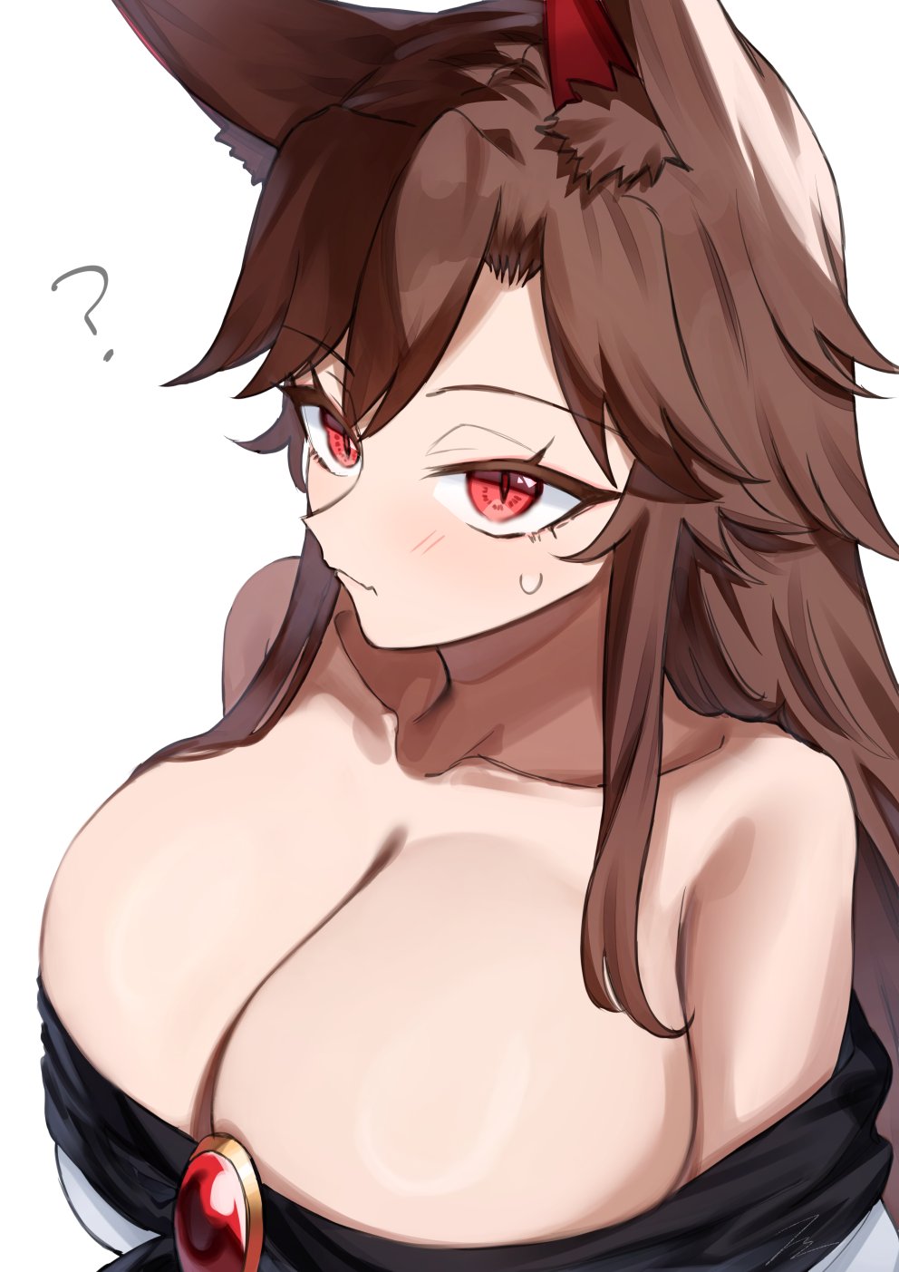 1girls, animal ears, big breasts, breasts, brown hair, cleavage, clothed female, female, huge breasts, kagerou imaizumi, light skin, light-skinned female, long hair, question mark, red eyes, solo, solo female, suminagashi, touhou, white background, wolf ears, wolf girl