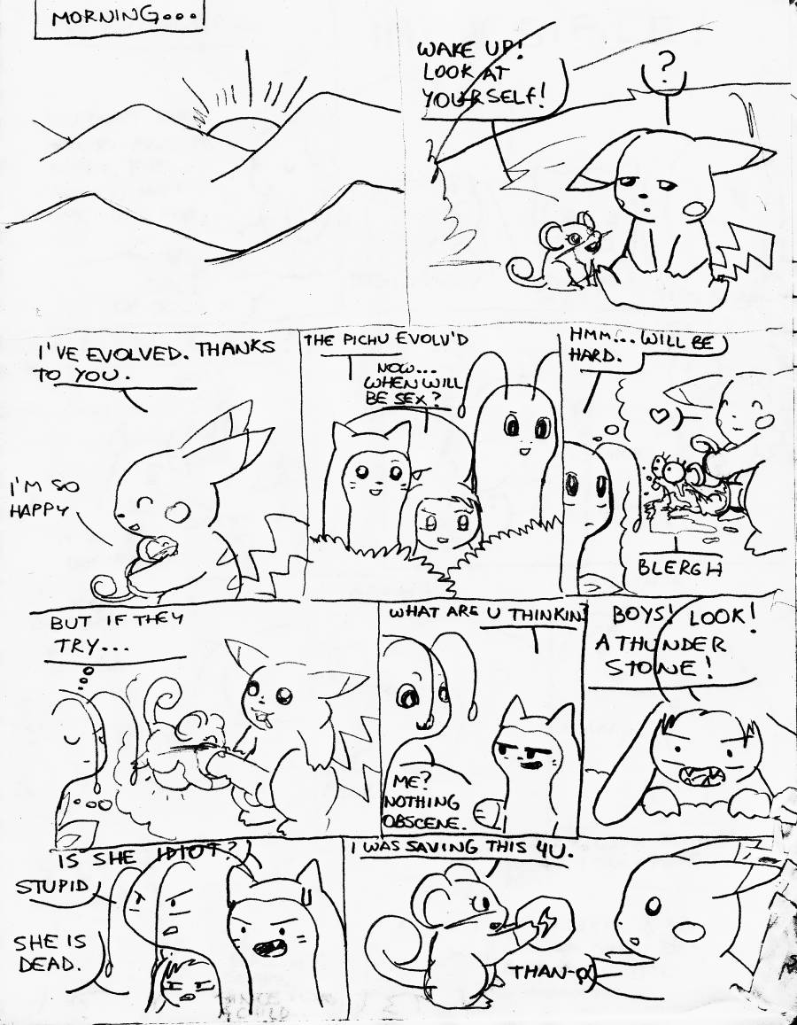 anthro comic dirty_thoughts evolution_stone evolved feral furret happy htfcuddles_(artist) hug mawile meganium nintendo penis pichu pokemon pokemon_(species) rattata thunder_stone