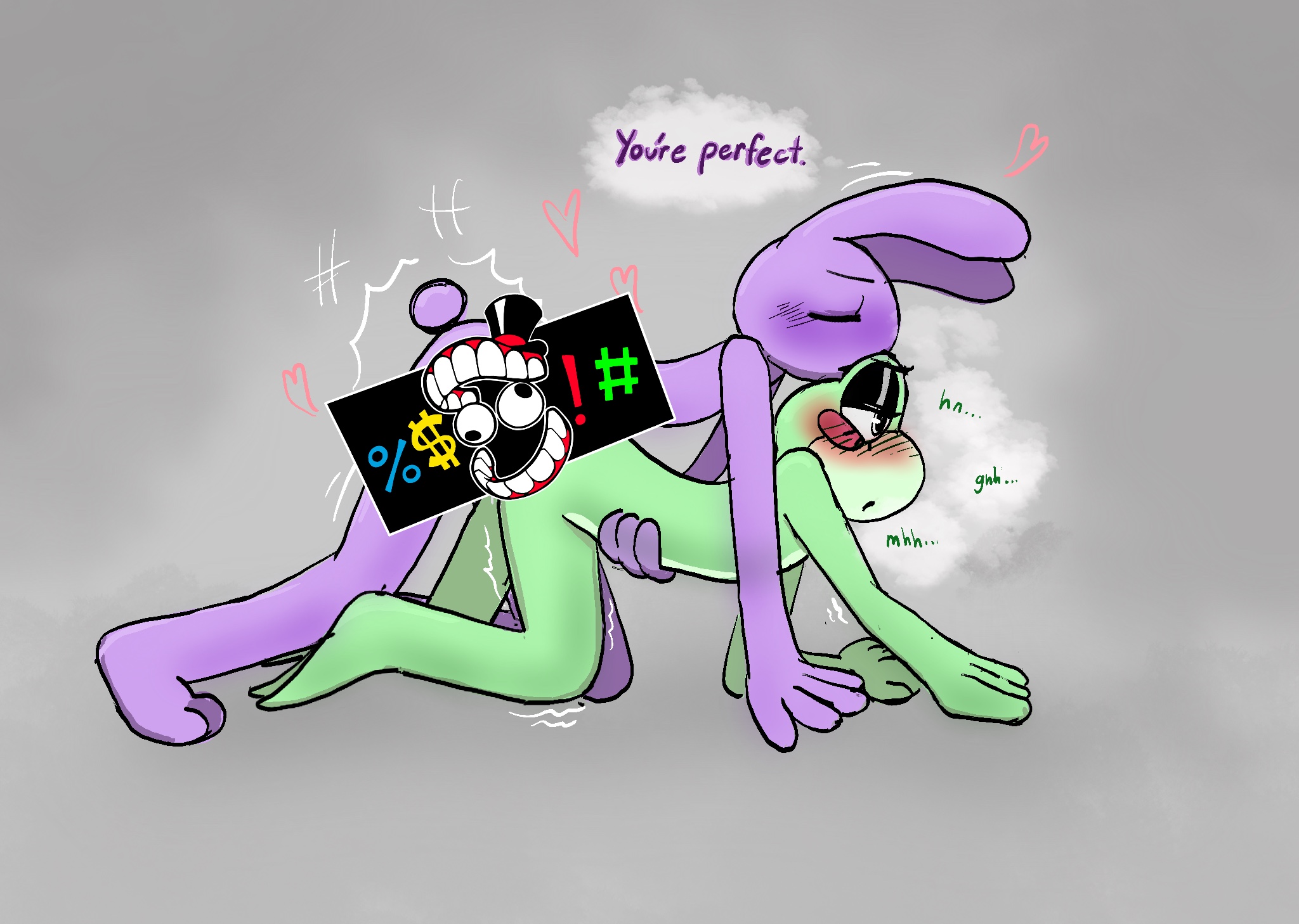 1boy, 1girls, 2d, ambiguous penetration, anthro, anthro on anthro, anthro penetrated, blushing, breath cloud, bunny ears, bunny tail, censor bar, censored, doggy style, frog, frog girl, jax (tadc), jax (the amazing digital circus), male/female, purple body, rabbit ears, rabbit tail, ribbit (tadc), ribbit (the amazing digital circus), sex, straight, taken from behind, the amazing digital circus
