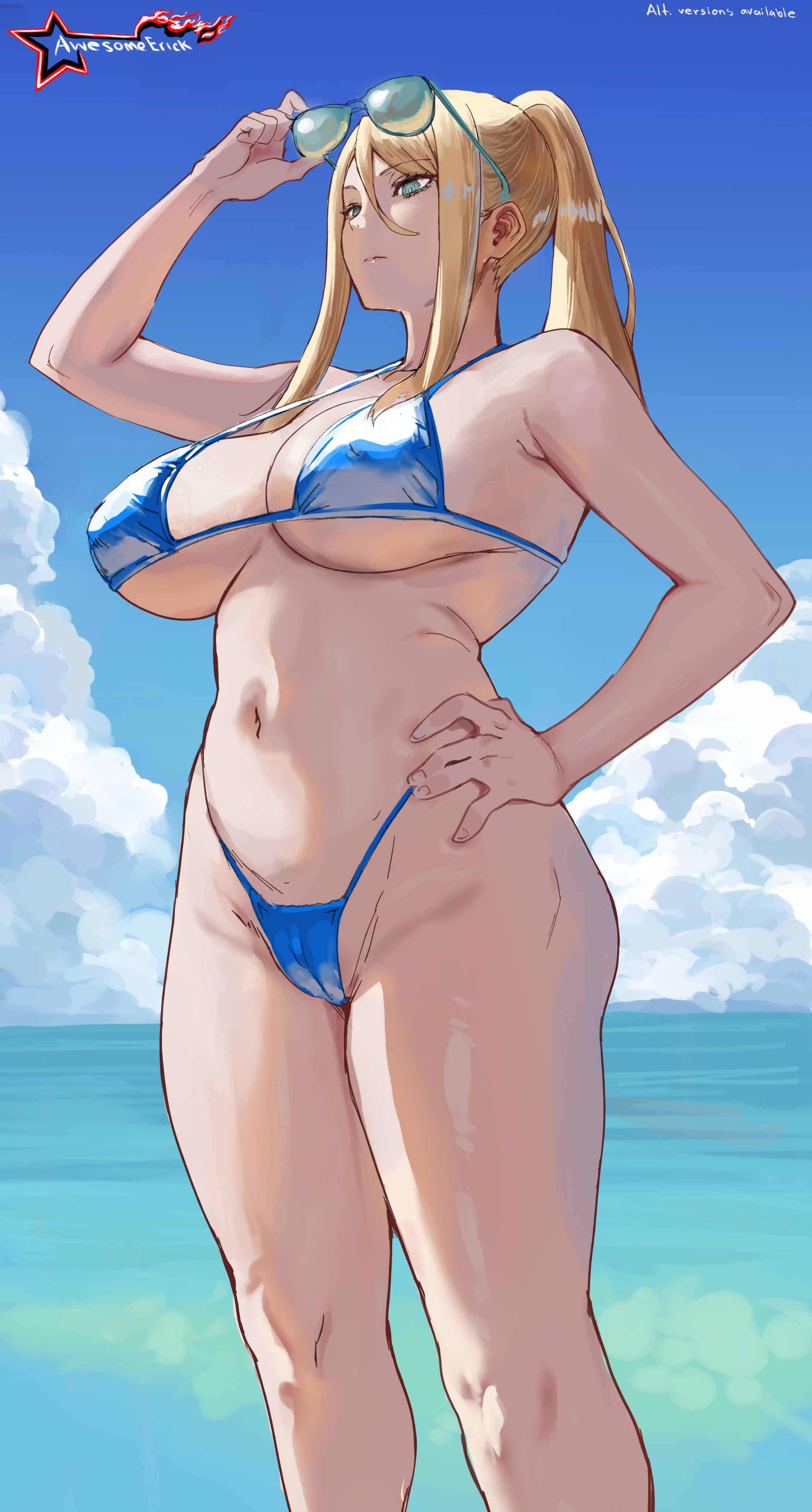 1girls, awesomeerix, big breasts, bikini, blonde hair, breasts, curvy, eyewear removed, female, mature female, metroid, midriff, nintendo, ponytail, samus aran, solo female, sunglasses, thick thighs, thighs