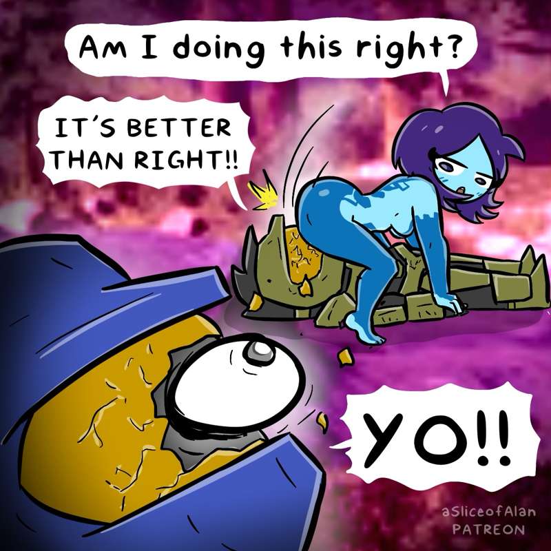 asliceofalan, cortana, cosplay, facesitting, female, halo (game), halo (series), master chief, no source, shocked, shocked expression, teabag, toony