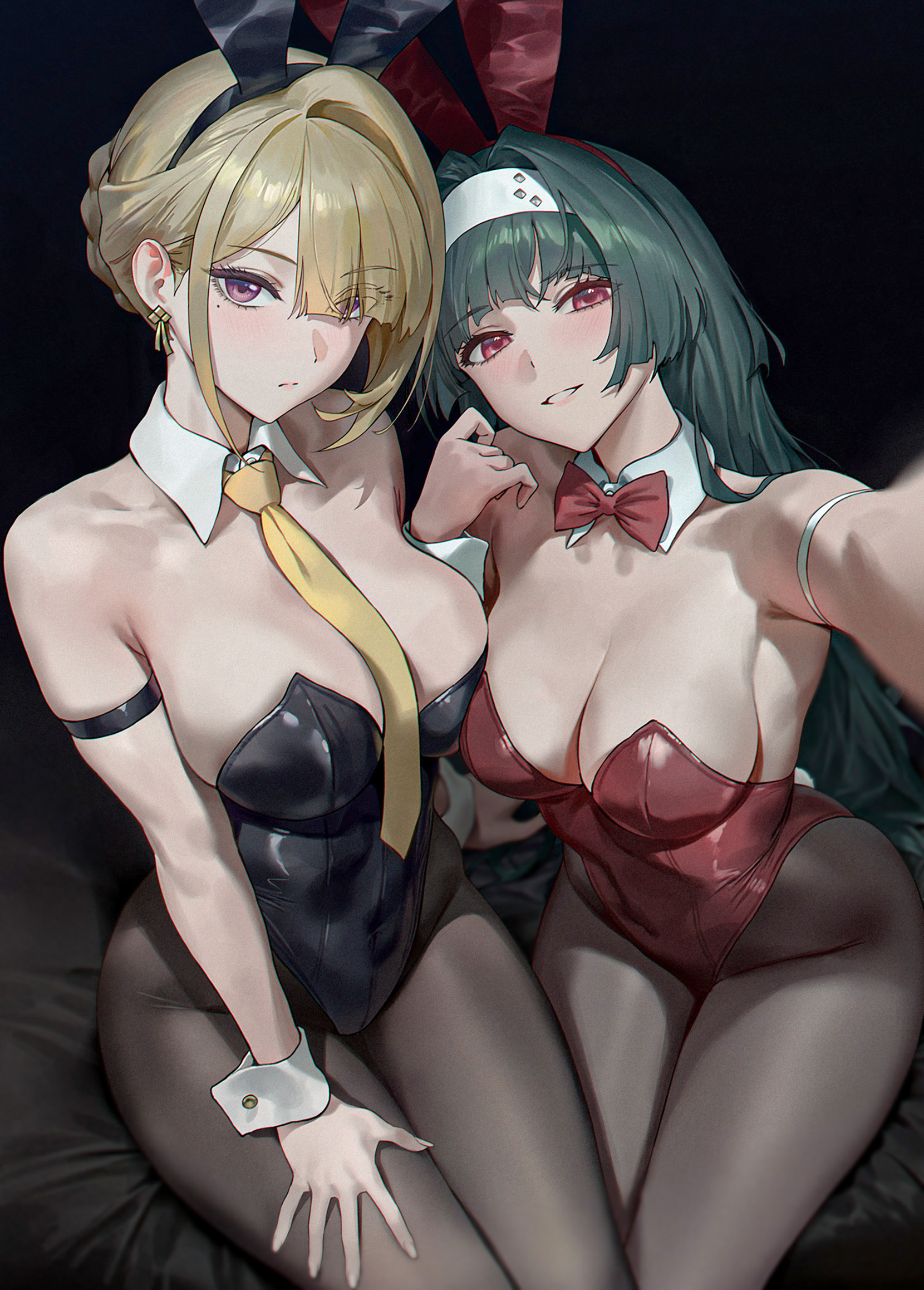 2girls, ai generated, amiki 3, astra yao, black hair, blonde hair, bow, breasts, bunny ears, bunnysuit, couple, curvy, evelyn chevalier, female, female only, large breasts, necktie, necktie between breasts, pantyhose, playboy bunny, selfie, yuri, zenless zone zero