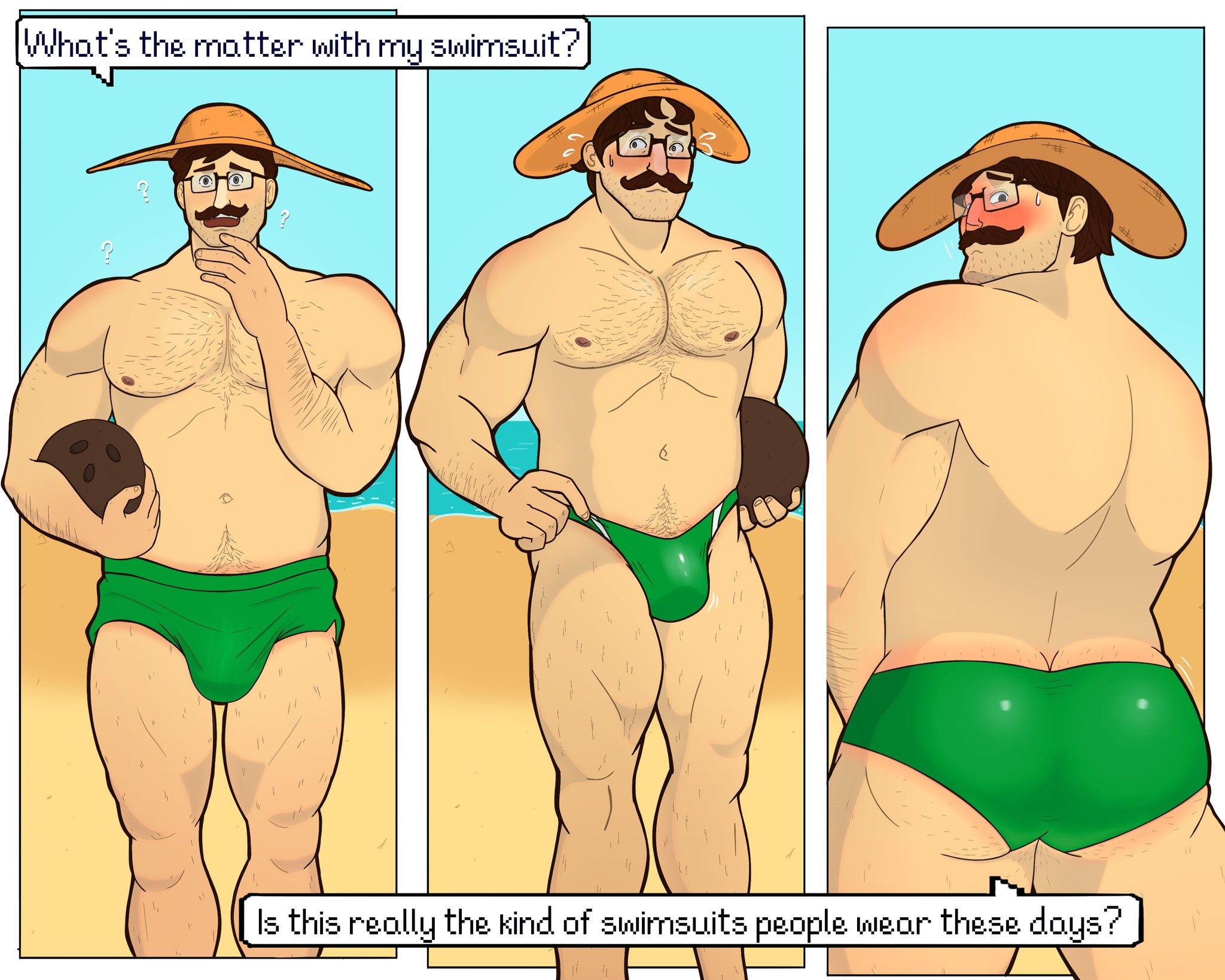 1boy, ass, ass cleavage, ass crack, beach, big ass, big butt, blush, butt crack, chest hair, coconut, embarrassed, glasses, green swimsuit, harvey (stardew valley), leg hair, male, male only, solo male, speech bubble, speedo, stardew valley, sweatdrop, swimsuit, tvfish-art