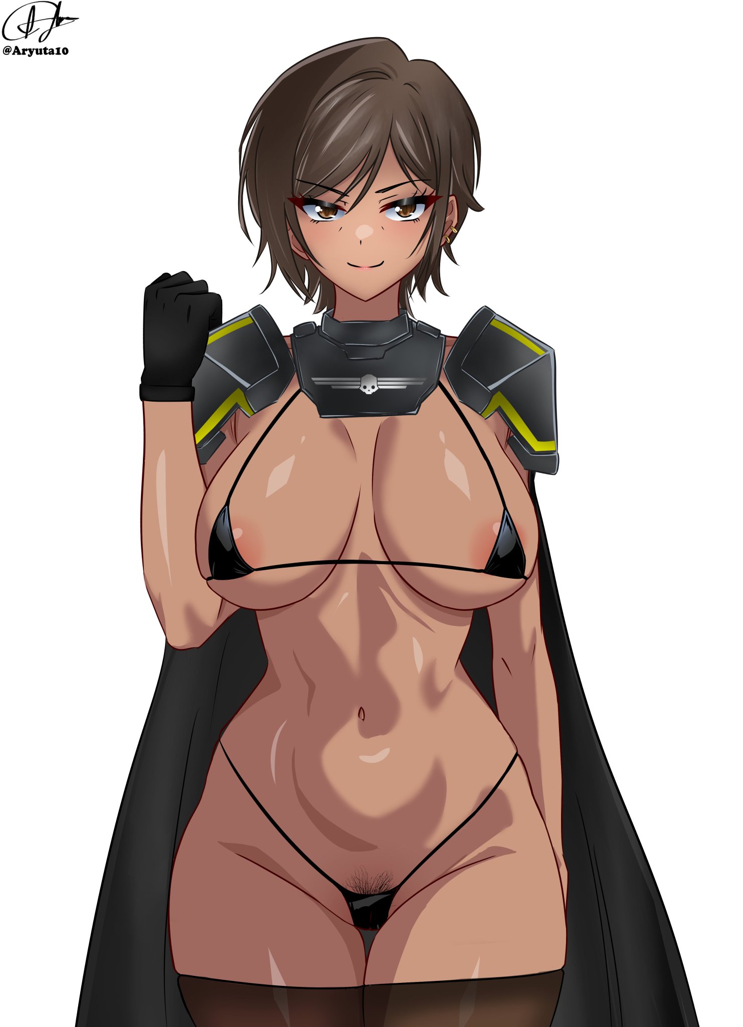 1girls, areolae slip, artist name, aryuta10, big breasts, breasts, brown hair, cosplay, dark skin, dark-skinned female, female, gloves, helldiver (helldivers), helldivers, limbus company, micro bikini, outis (limbus company), project moon, smile, solo, solo female, thick thighs, thighs, tomboy, watermark, yellow eyes