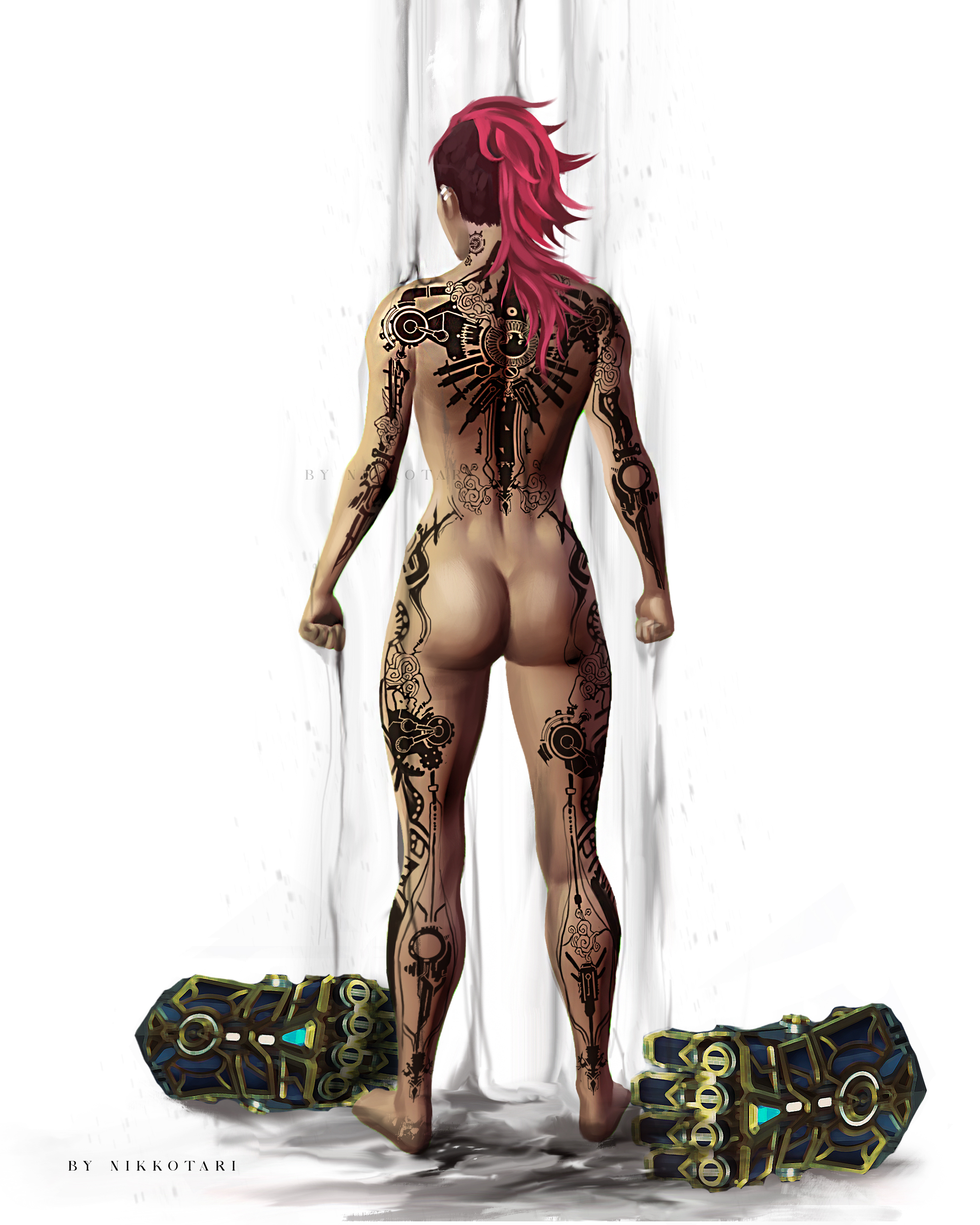 1girls, absolutely nothing on, arcane vi, artist name, ass, barefoot, casual, casual nudity, completely naked, completely nude, female, female only, league of legends, muscular, naked, naked female, nikkotari, nude, nude female, red hair, riot games, simple background, solo, solo female, tattoo, tattoos, vi, white background