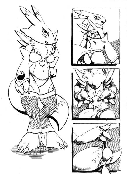 2004 anthro back bandai_namco black_and_white bra canine claws comic digimon female fishnet fox fur furry gloves inks looking_at_viewer monochrome panties renamon renamon_fantasy_self_indulgence sawblade_(artist) solo standing stockings tail underwear undressing