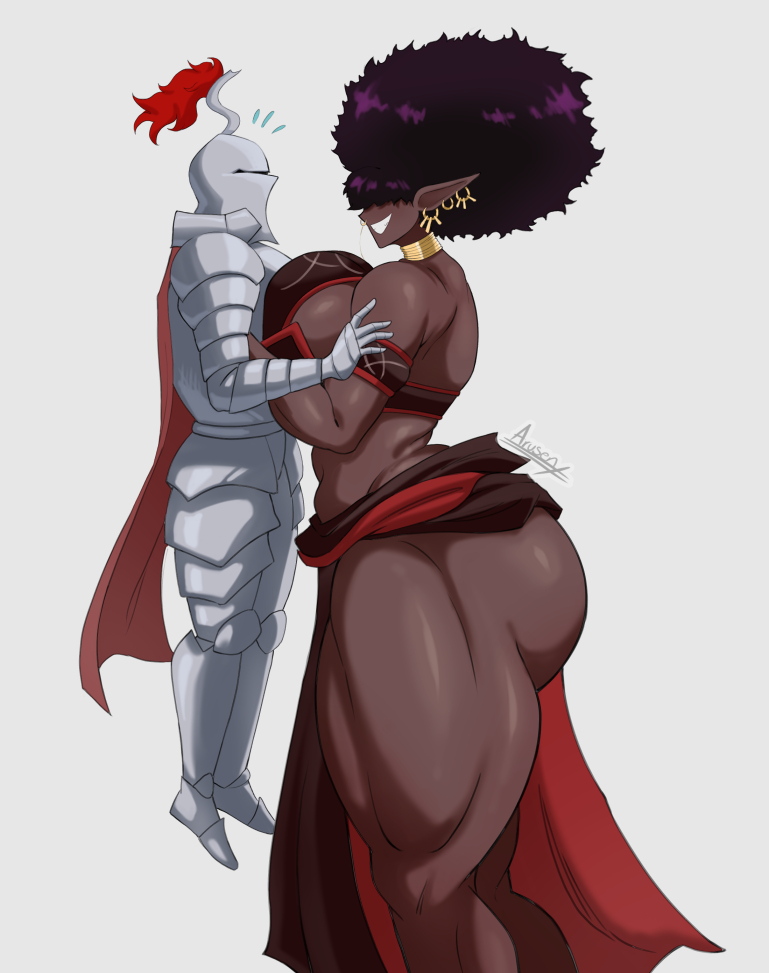1boy, 1girls, arusen, bahaal (jinn hunter), big ass, big breasts, big thighs, breasts, breasts bigger than head, enormous thighs, female, jinn hunter, jpg, knight, knight armor, larger female, larger female smaller male, male, muscular, muscular female, muslim, muslim female, pointy ears, sir gareth (jinn hunter), smaller male, smaller male larger female, somali, tagme, thighs, thighs bigger than head, twitter link