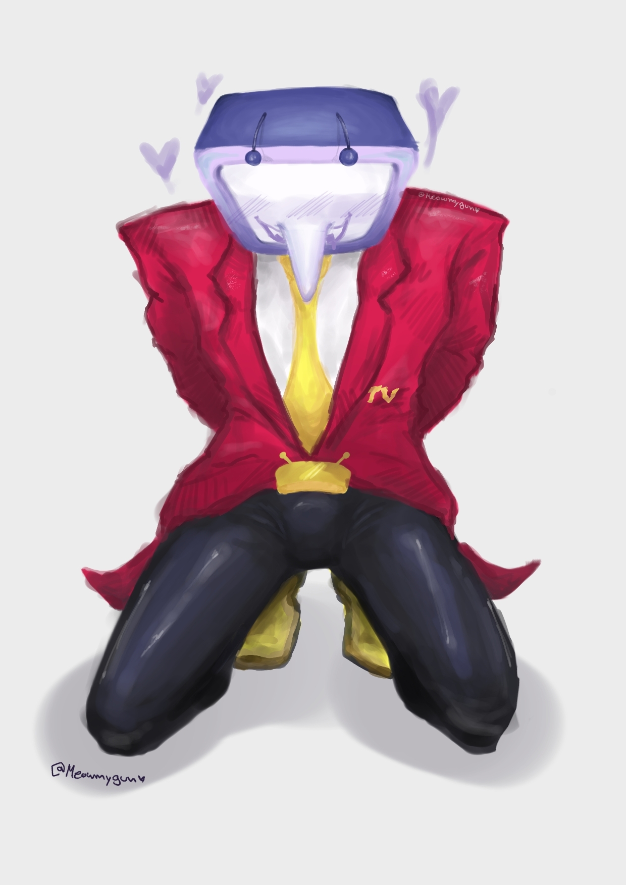 1boy, 2025, antennae, bulge, bulge through clothing, clothed, clothed male, clothes, clothing, color, colored, deltarune, deltarune chapter 3, digital drawing (artwork), digital media (artwork), hands behind back, heart, looking down, male, male only, on knees, pointy nose, signature, simple background, sitting, smile, solo, solo male, suit, tenna (deltarune), tv, tv head