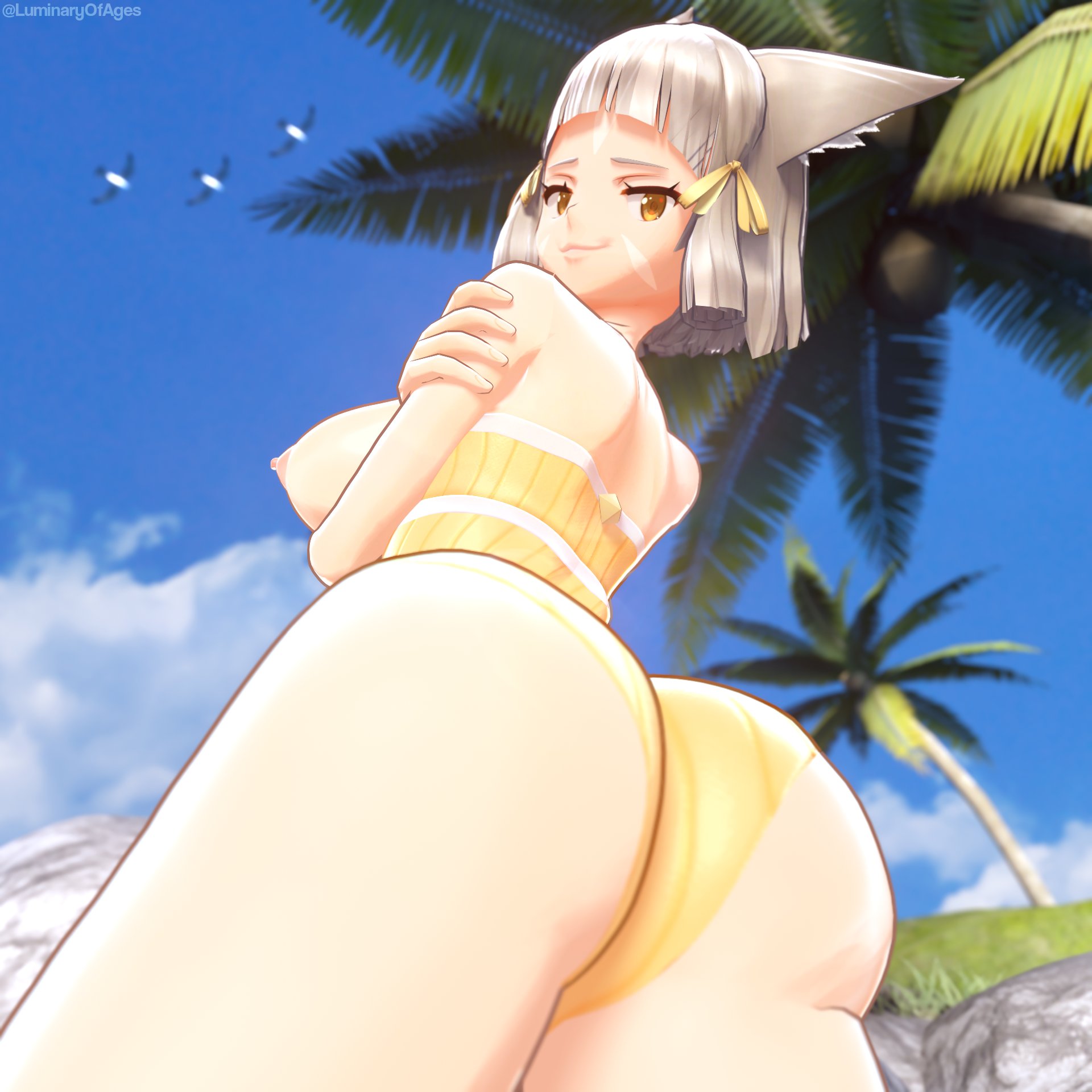 1girls, 3d, 3d (artwork), ass, ass focus, breasts, cat tail, female, female only, grey hair, light skin, light-skinned female, luminaryofages, mmd, nia (xenoblade), nintendo, nipples, solo, xenoblade (series), xenoblade chronicles 2