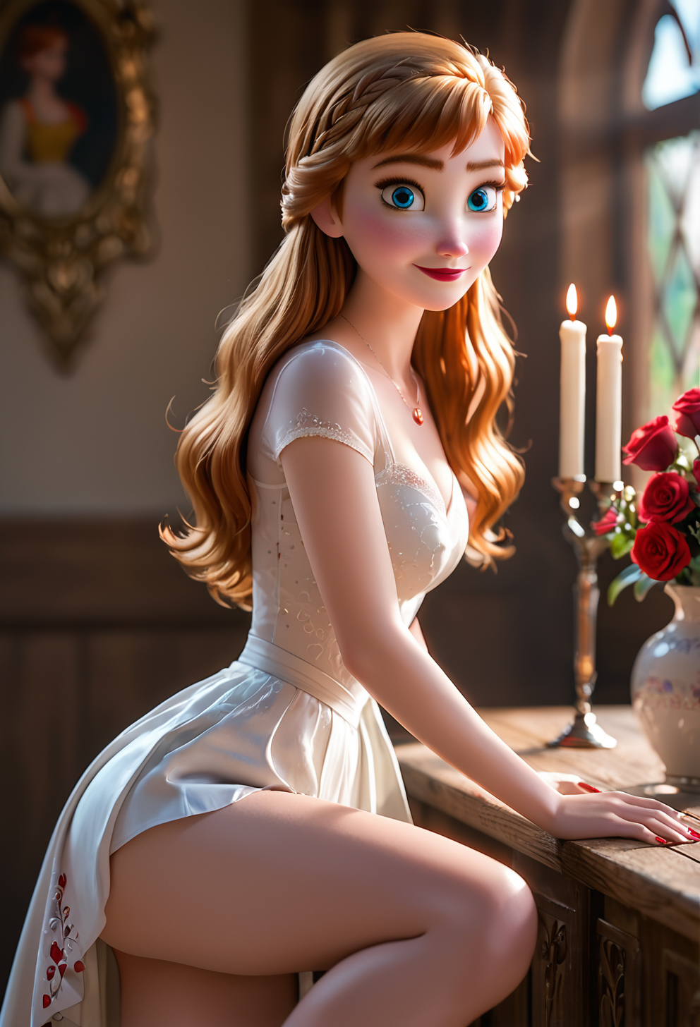 ai_generated anna_(frozen) blue breasts cute cute_face frozen_(film) frozen_2 horny naughty naughty_face naughty_smile red_eyes red_hair rose sexy skirt smile