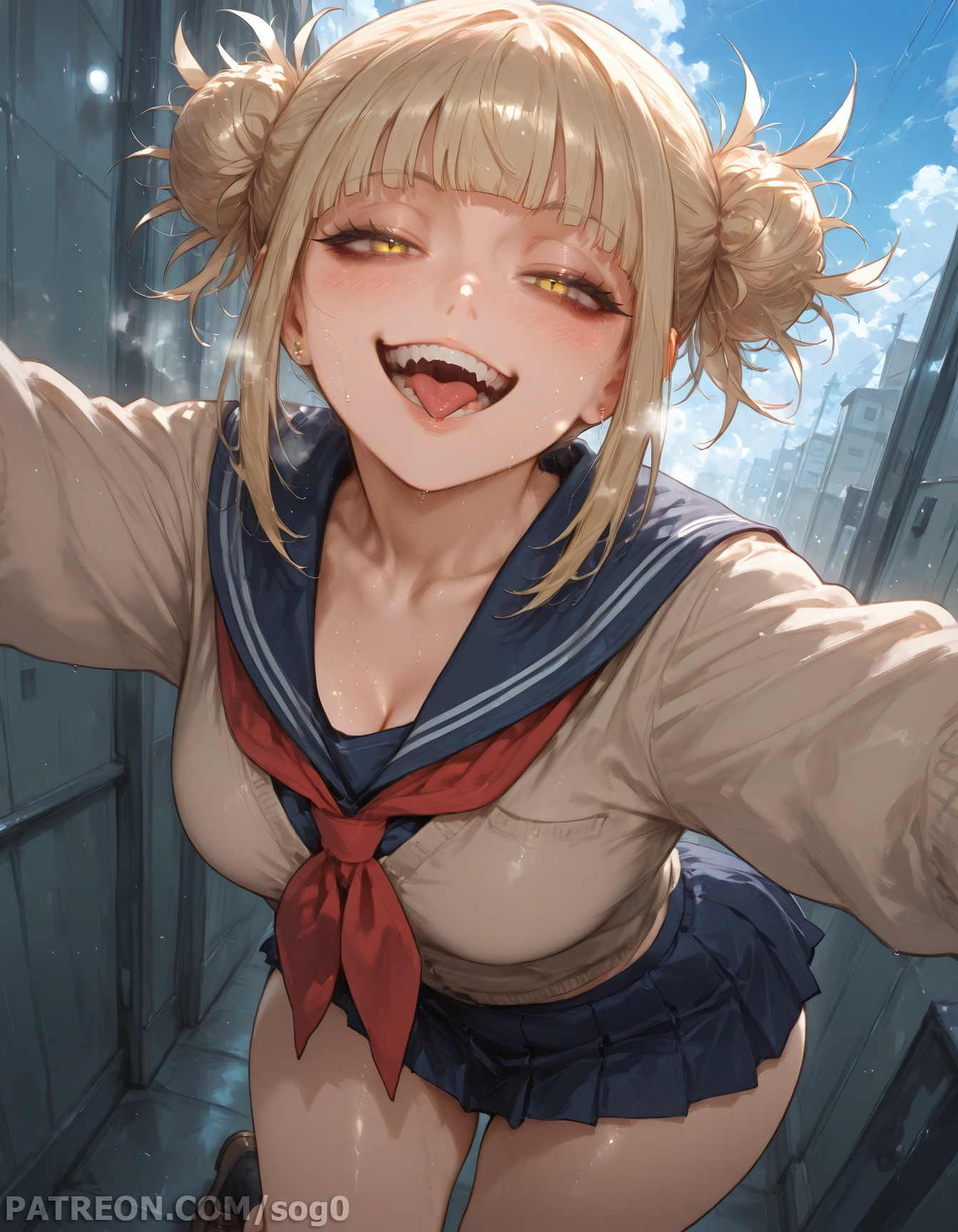 1girls, ai generated, blonde hair, boku no hero academia, crazy eyes, crazy smile, curvy, female, himiko toga, my hero academia, patreon, patreon username, school uniform, skirt, smile, sogo, solo, toga himiko, wide hips