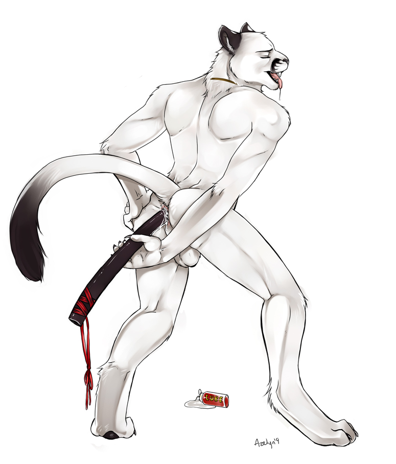 1boy anal anthro azelyn dildo feline lube male male_only masturbation raised_tail saya scabbard sex_toy solo standing tagme tail