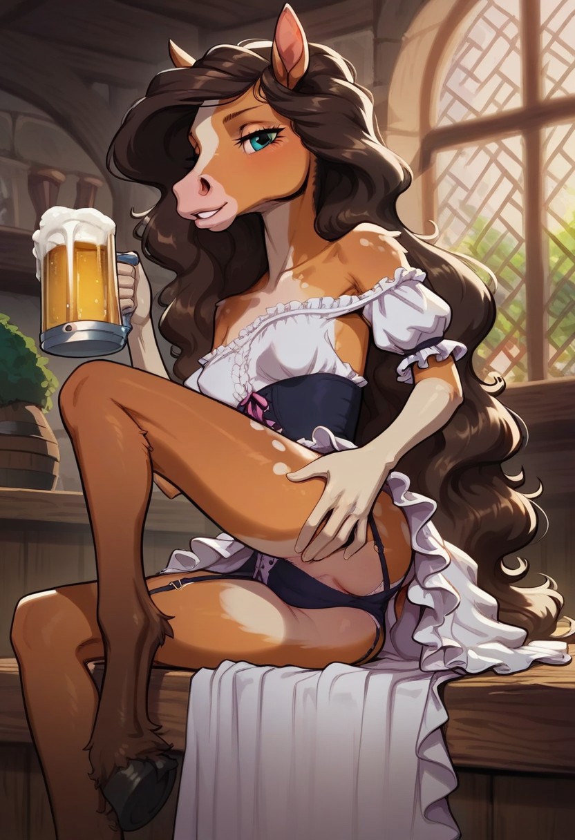 ai generated, beer, breasts, cameltoe, dress, female, furry, hooves, horse, panties, petite, pussy, sanyasralker, small breasts, solo, tavern, tavern wench, teenage female, young, younger female