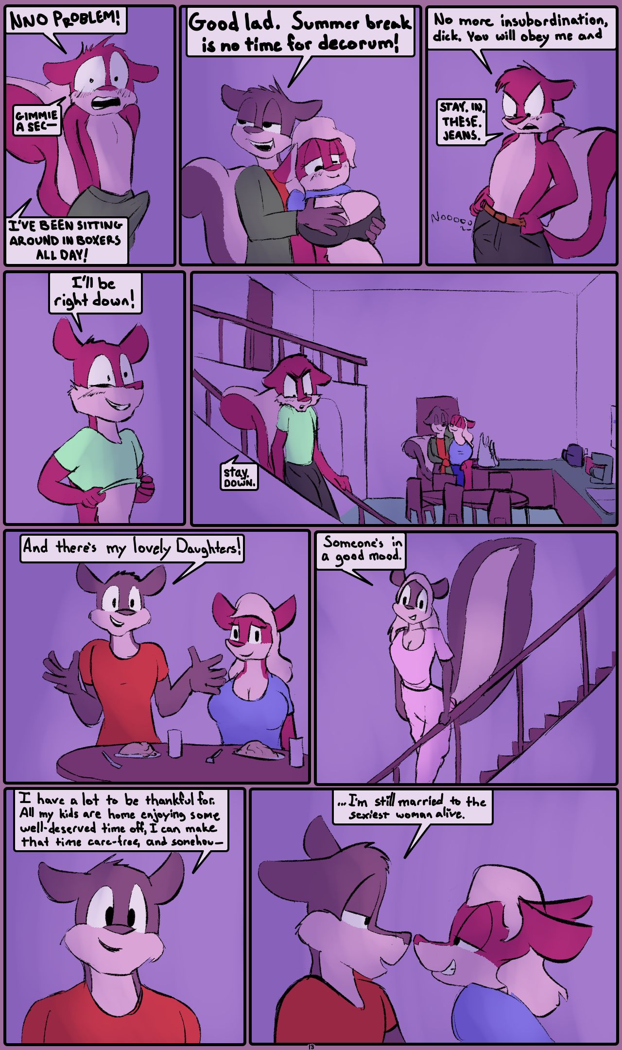 anthro billy_brambletree breast_grab breasts carol_brambletree clothing comic dirty_bunny duo english_text erection erection_under_clothing female hand_on_breast hi_res incest_(lore) jon_brambletree male male/female mammal megan_brambletree mephitid skunk text
