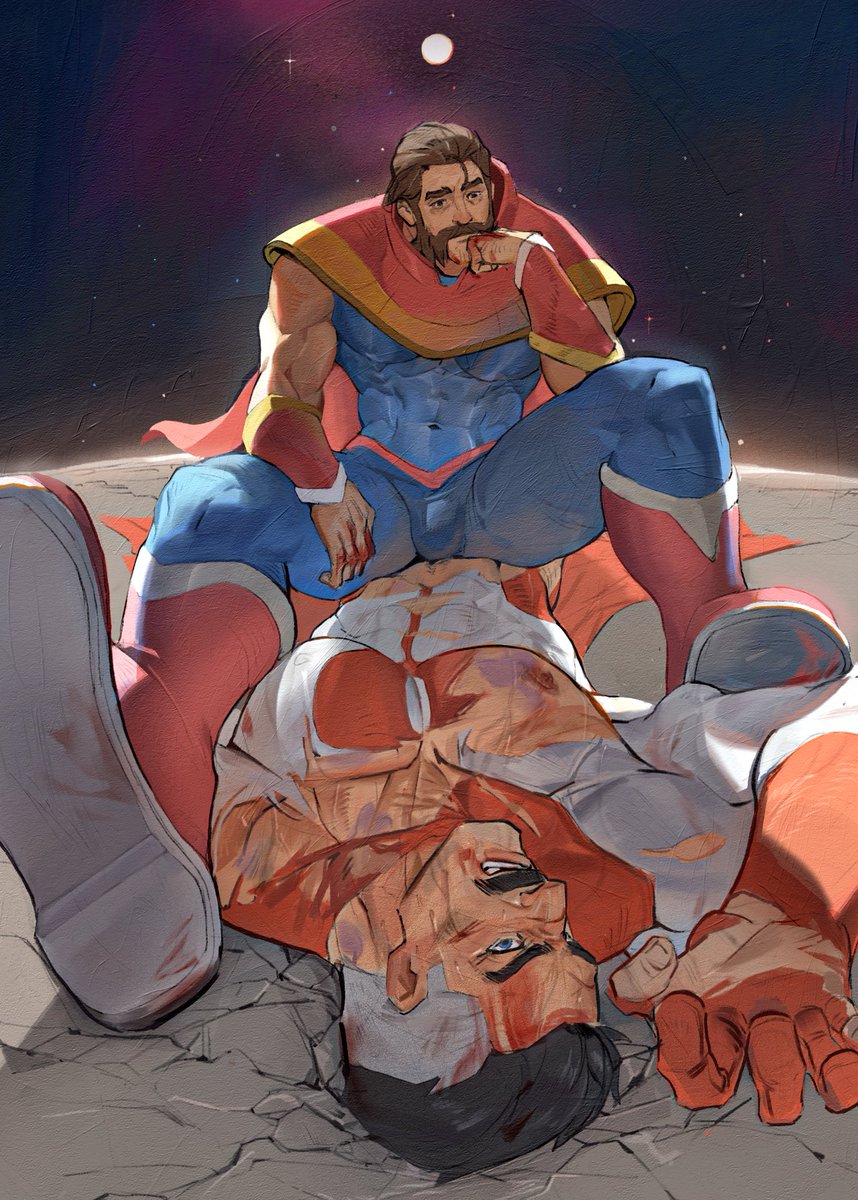 after fight, bara, beard, blood, blue eyes, bulge, crossover, daddy, dilf, dispatch (game), gay, invincible, invincible (tv series), jinhallz, male, male only, mature male, muscular, muscular male, nolan grayson, omni-man, phenomaman, ripped clothing, sitting on crotch