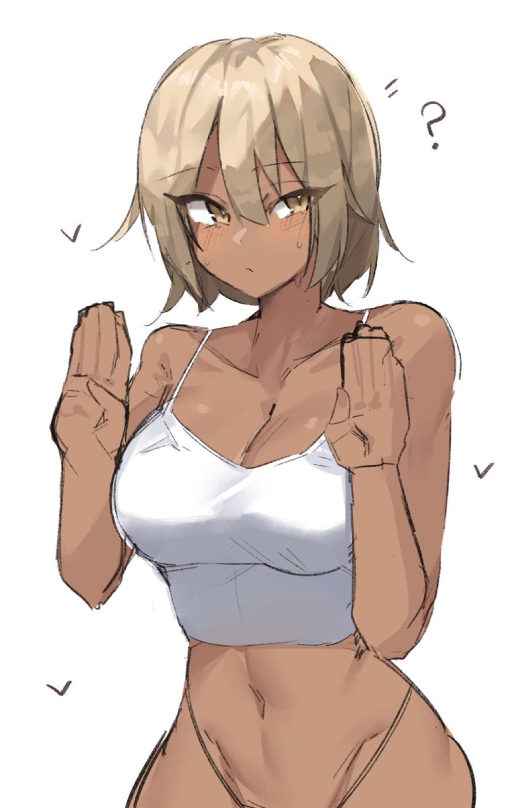1girls, big breasts, blonde female, blonde hair, blush, breasts, crop top, dark skin, dark-skinned female, female, hands up, highleg, highleg panties, nabibutter, question mark, questioning look, white clothing, xcider