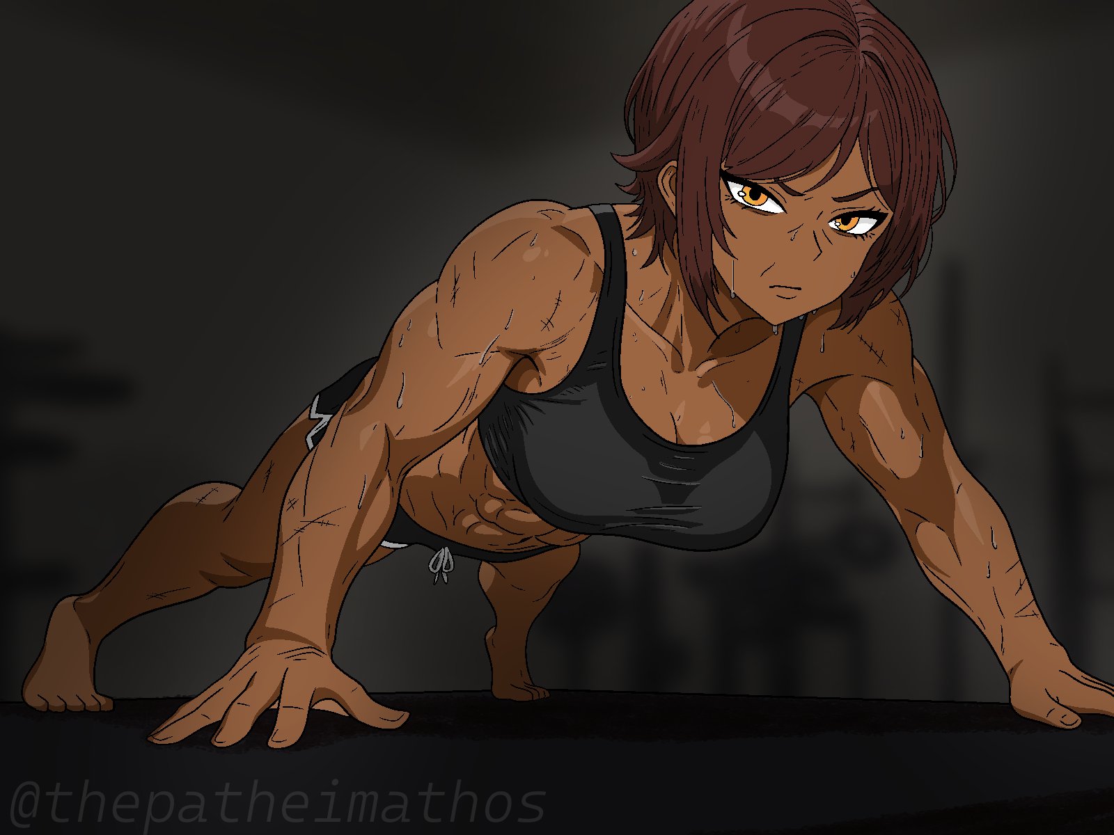 1girls, 2025, 2d, 2d (artwork), abs, all fours, amber eyes, annoyed, artist name, athletic, athletic female, big breasts, breasts, brown hair, cleavage, dark red hair, dark room, dark skin, dark-skinned female, exercise, female, female human, female only, human, human only, hyojin en, large breasts, limbus company, looking at viewer, mature female, muscular, muscular female, outis (limbus company), plank, project moon, push-up, questionable, red hair, scar, scars all over, sfw, short hair, solo, solo female, thepatheimathos, tomboy, very long hair, yellow eyes