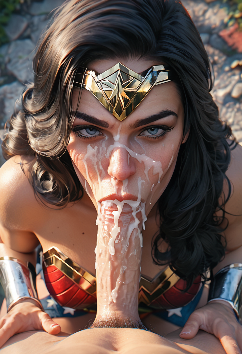 after facial, ai generated, black hair, blowjob, cum, cum in mouth, dc, dc comics, facial, fellatio, female, jinora12345, superheroine, wonder woman