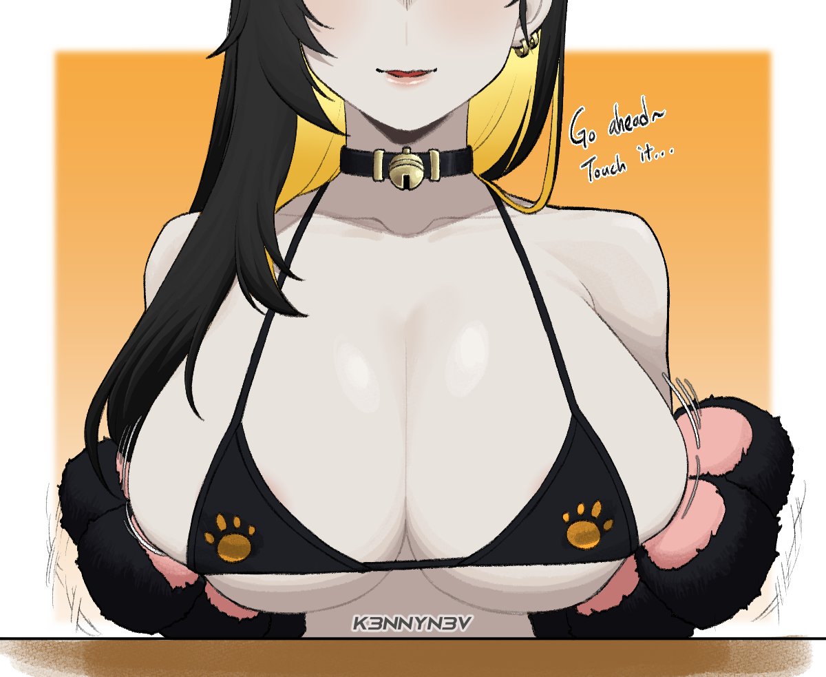 1girls, big breasts, binah, black bikini top, breasts, cat paws, choker, earrings, female, k3nnyn3v, library of ruina, lobotomy corporation, project moon
