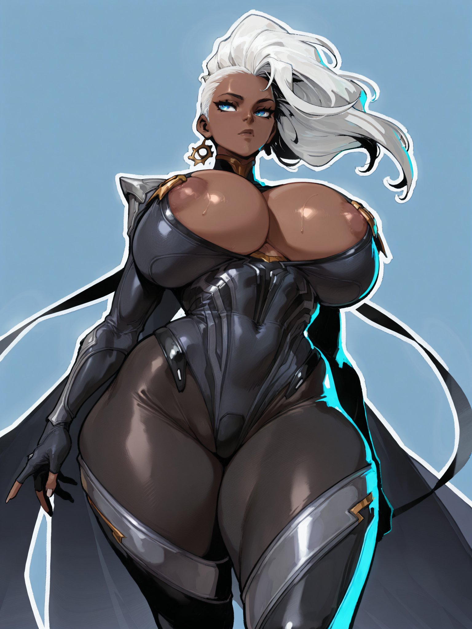 ai generated, alternate hairstyle, areolae visible through clothing, athletic, athletic female, bare thighs, blue eyes, breasts, dark skin, dark-skinned female, female, gigantic breasts, huge areolae, huge breasts, huge thighs, marvel, marvel comics, marvel rivals, massive breasts, mature female, milf, oatmealdood, oiled body, oiled skin, ororo munroe, solo female, squatting, storm (marvel rivals), storm (x-men), sweat, sweatdrop, thick body, thick female, thick thighs, thighs, voluptuous, voluptuous female, white hair, x-men