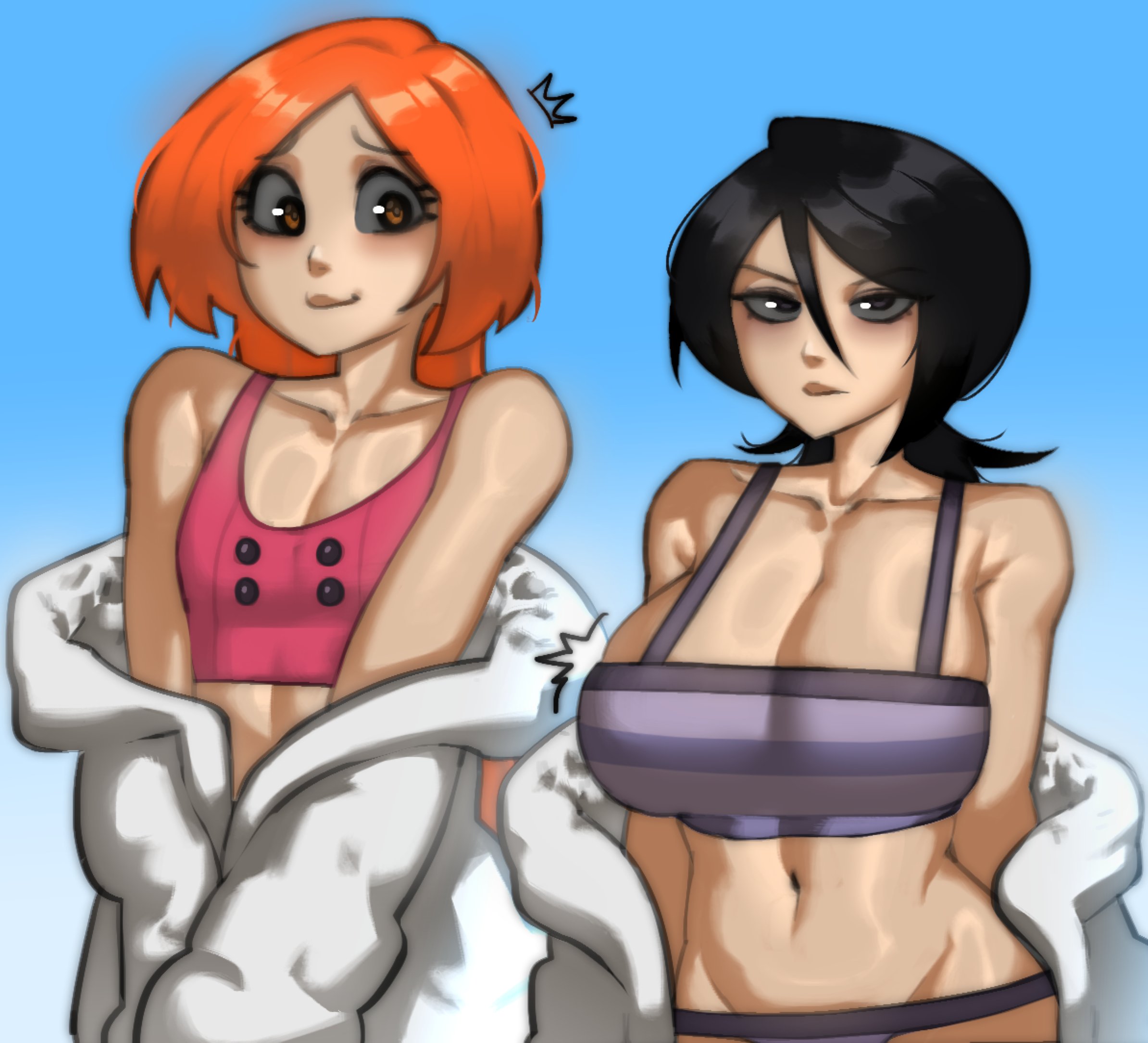 2d, 2d (artwork), 2girls, alternate breast size, attribute theft, belly, big breasts, black hair, bleach, body type swap, breast expansion, breast growth, breast growth (enlargement), breast reduction, breasts, breasts focus, breasts size difference, female, female focus, female only, flat chest, fur coat, inoue orihime, kuchiki rukia, large breasts, long hair, looking at breasts, midriff, orange hair, rayschera, short hair, small breasts, underwear