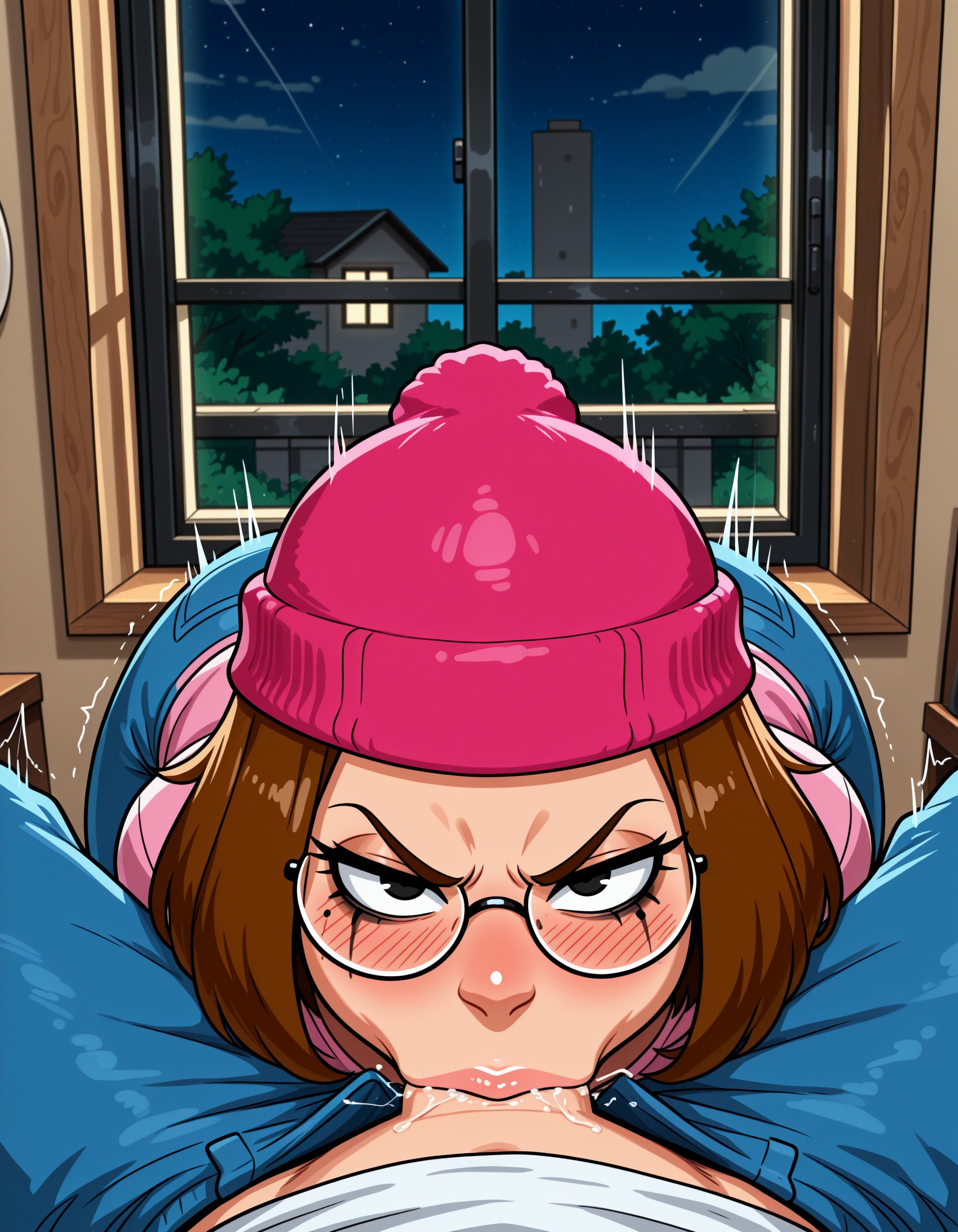 :>=, 1boy, 20th century fox, 20th century studios, ai generated, ass, beanie, blue pants, blush, brown hair, clothing, deepthroat, denim, eyewear, family guy, fellatio, female, glaring, glasses, hat, headwear, indoors, irrumatio, jeans, jousneystudio, looking at viewer, makeup, male, meg griffin, mole, mole under eye, motion lines, night, oral, pants, penis, pink headwear, pov crotch, round eyewear, runny makeup, saliva, shirt, short hair, sky, solo focus, spread legs, straight, sweater, tree, trembling, v-shaped eyebrows, veins, veiny penis, window