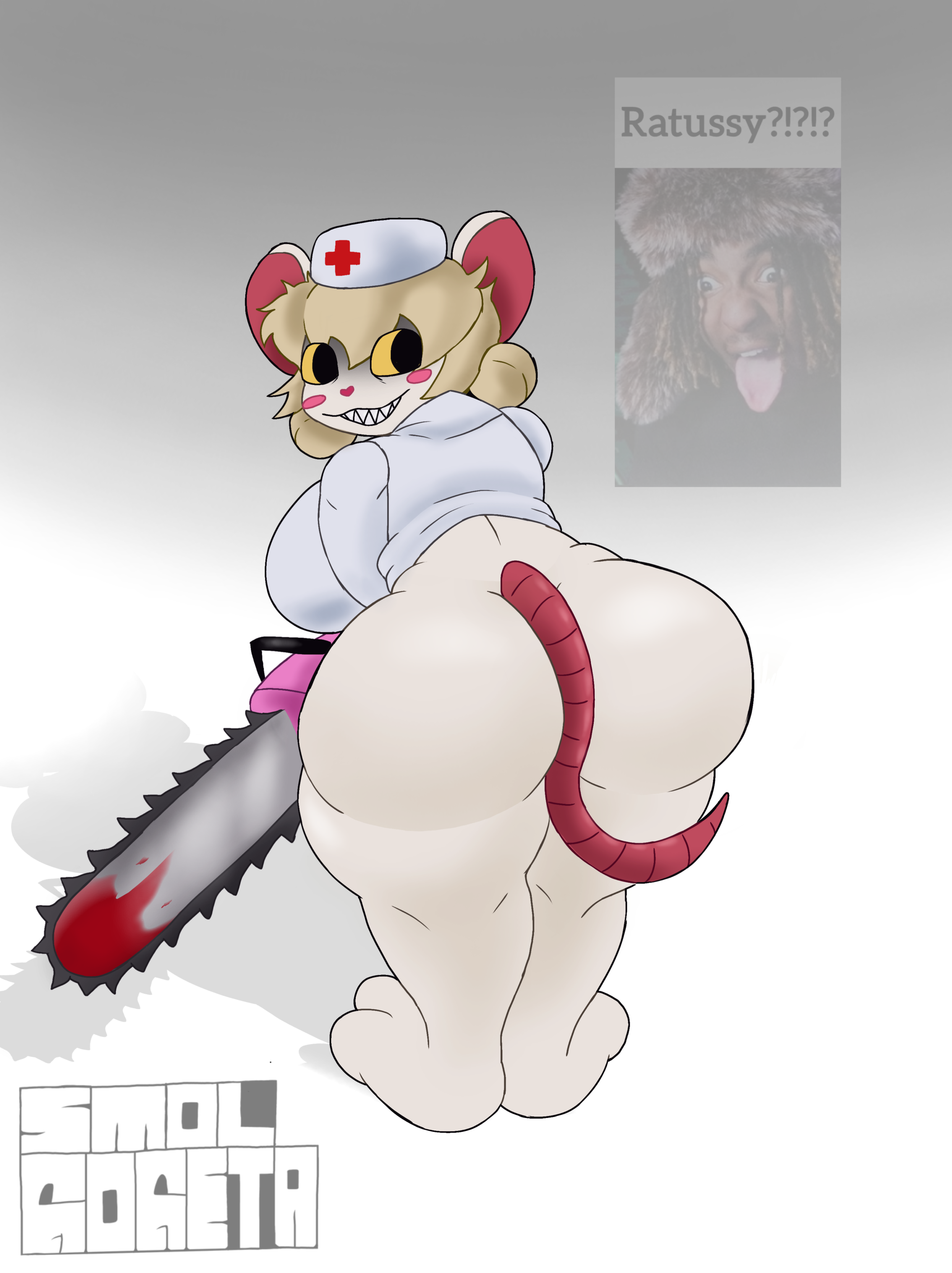 anthro, ass, big ass, big breasts, breasts, chainsaw, creepy smile, female, lorna (terrible mouse), mouse, nurse uniform, sm0ls c0ck, smol gogeta, tagme, terrible mouse