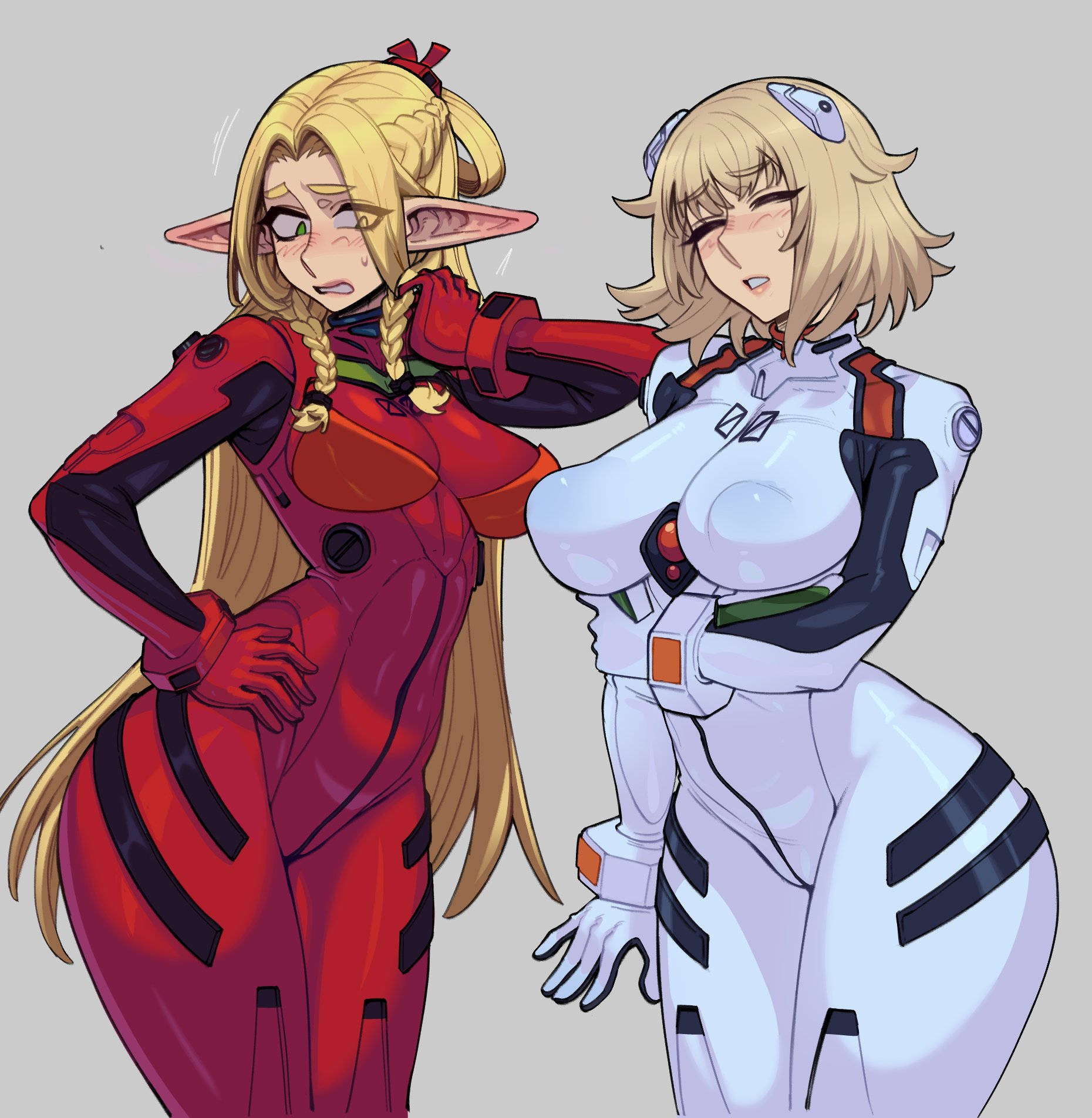 2girls, asuka langley sohryu (cosplay), bojinkoo, breasts, cosplay, dungeon meshi, falin touden, female, large breasts, long hair, marcille donato, neon genesis evangelion, plugsuit, rei ayanami (cosplay), thick thighs, tight clothing