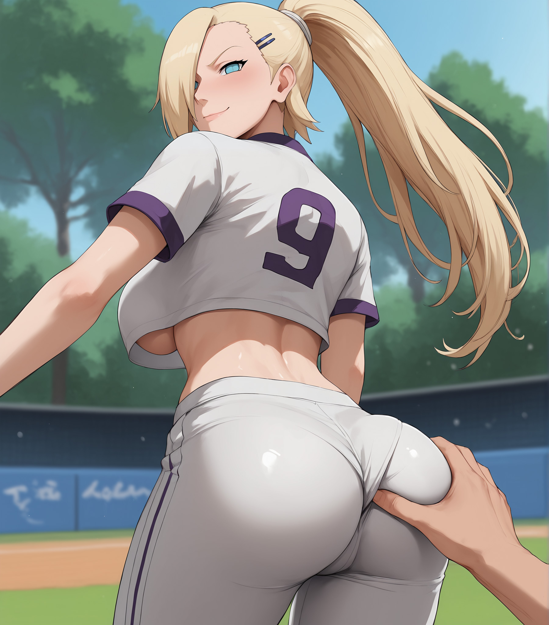 ai generated, baseball bat, baseball uniform, blonde hair, female, ino yamanaka, naruto, naruto (series), naruto shippuden, temptart, touching ass
