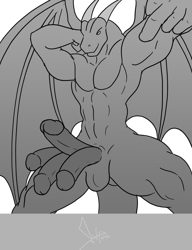 1boy balls bgn dragon erection grin horns kraken kraken_dwaggin krakendwaggin looking_at_viewer male male_only multi_penis muscles nude penis presenting reptile scalie solo spread_legs spreading standing tail tetraphallia the_finger wings