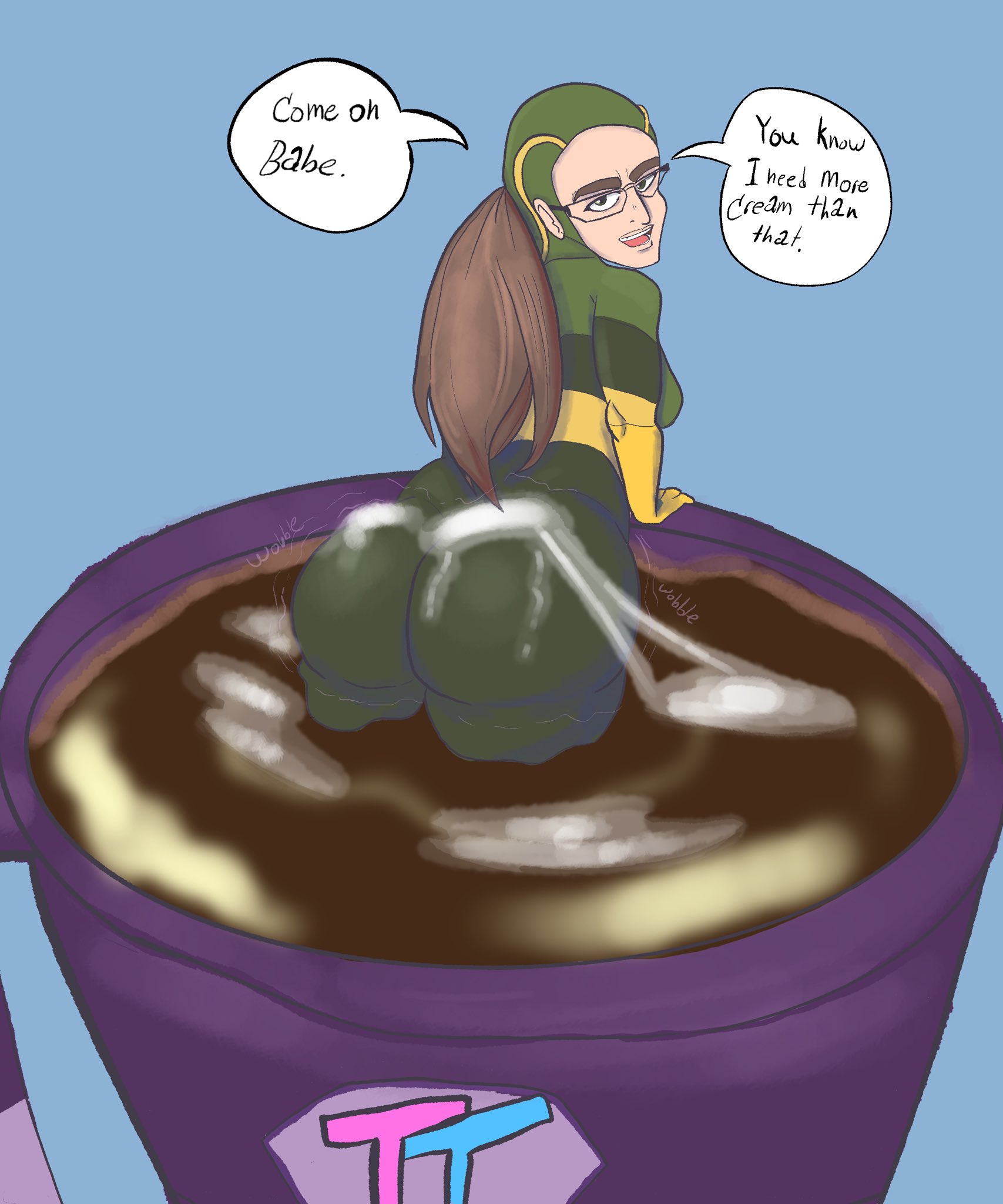 asking for more, brown hair, coffee, coffee mug, cum, cum on body, female, glasses, invincible, invincible (tv series), long hair, looking at viewer, novakite, shrinking rae, shrunk, shrunken female, simple background, submerged, submerged legs, text