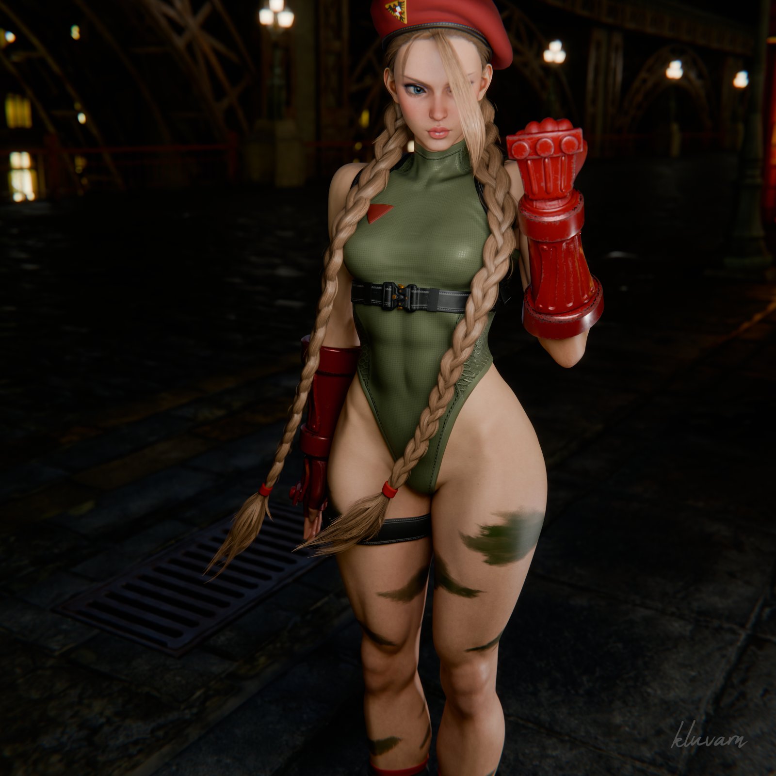 3d, 3d model, abs, ahoge, athletic female, beret, blonde hair, blue eyes, braided twintails, cammy white, capcom, city, female, female only, fingerless gloves, fit female, hourglass figure, kluvarn, leotard, night, pale-skinned female, pinup, small breasts, small waist, solo, street fighter, street fighter 6, thick thighs, thigh strap, thong leotard, tight clothing, wide hips