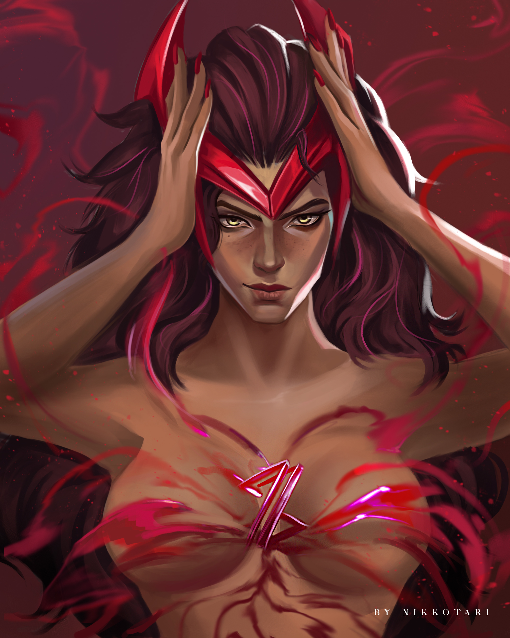 1girls, 2025, 2d, 2d (artwork), amber eyes, artist name, big hair, breasts, convenient censoring, convenient censorship, energy, female, female only, freckles, human, human only, long hair, looking at viewer, magenta hair, magic, marvel, marvel comics, marvel rivals, nikkotari, nude, nude female, olive skin, olive-skinned female, perky breasts, powers, questionable, red hair, scarlet witch, scarlet witch (marvel rivals), smirk, smirking at viewer, solo, solo female, symbiote, symbol, upper body