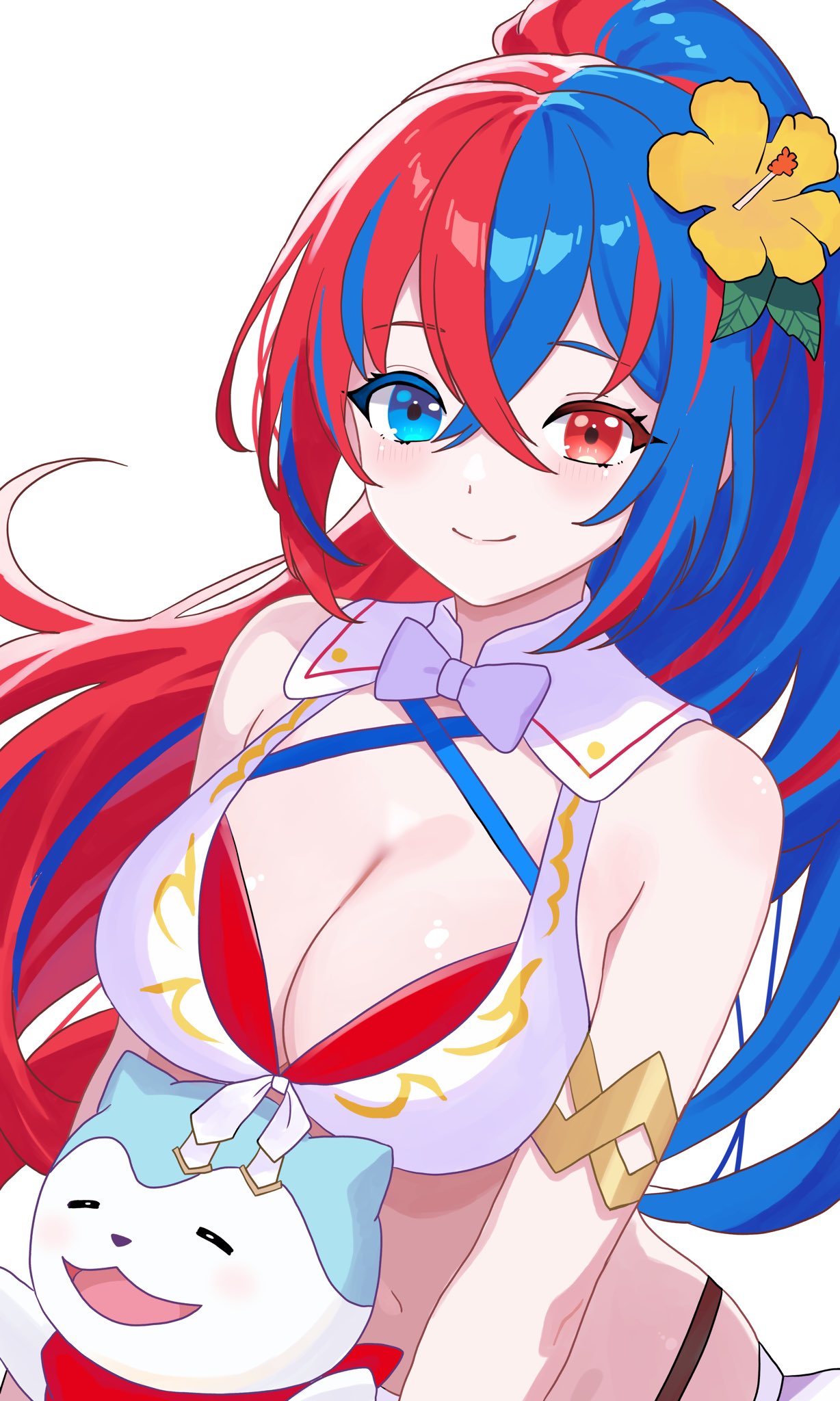 1girls, alear (female) (seaside dragon) (fire emblem), alear (fire emblem), alear (fire emblem) (female), belly, belly button, big breasts, bikini, blush, breasts, cleavage, clothed, clothing, female, female focus, female only, fire emblem, fire emblem engage, flower, heterochromia, intelligent systems, n 54, nintendo, red and blue eyes, red and blue hair
