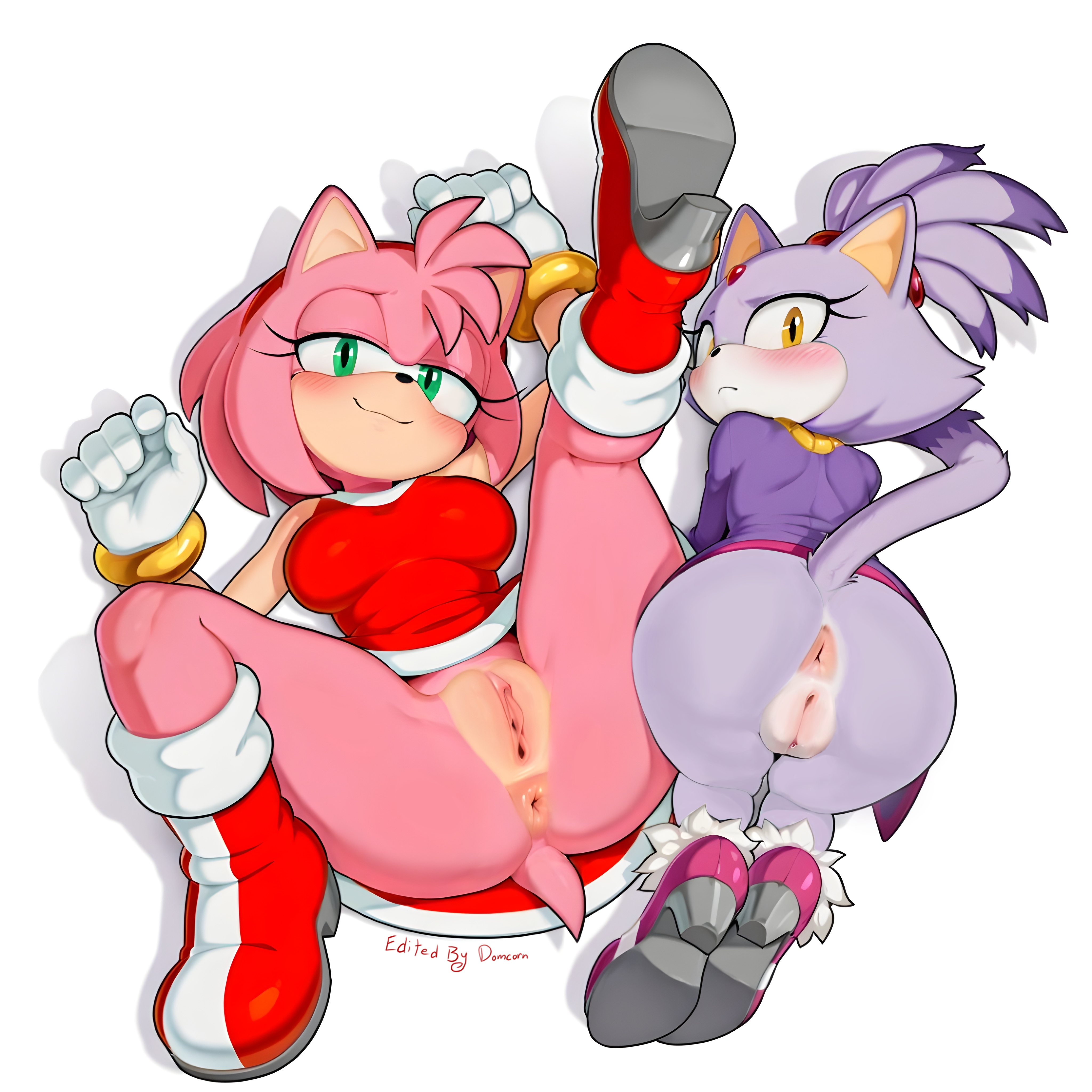 2girls, ai generated, all fours, amy rose, anthro, anus, ass, ass up, blaze the cat, blush, clothed female, clothing, female, furry, furry female, green eyes, hi res, katalystnya, leg up, legs spread, lying on back, partially clothed, pink fur, puffy anus, puffy pussy, purple fur, pussy, revealing clothes, sonic (series), sonic the hedgehog (series), yellow eyes