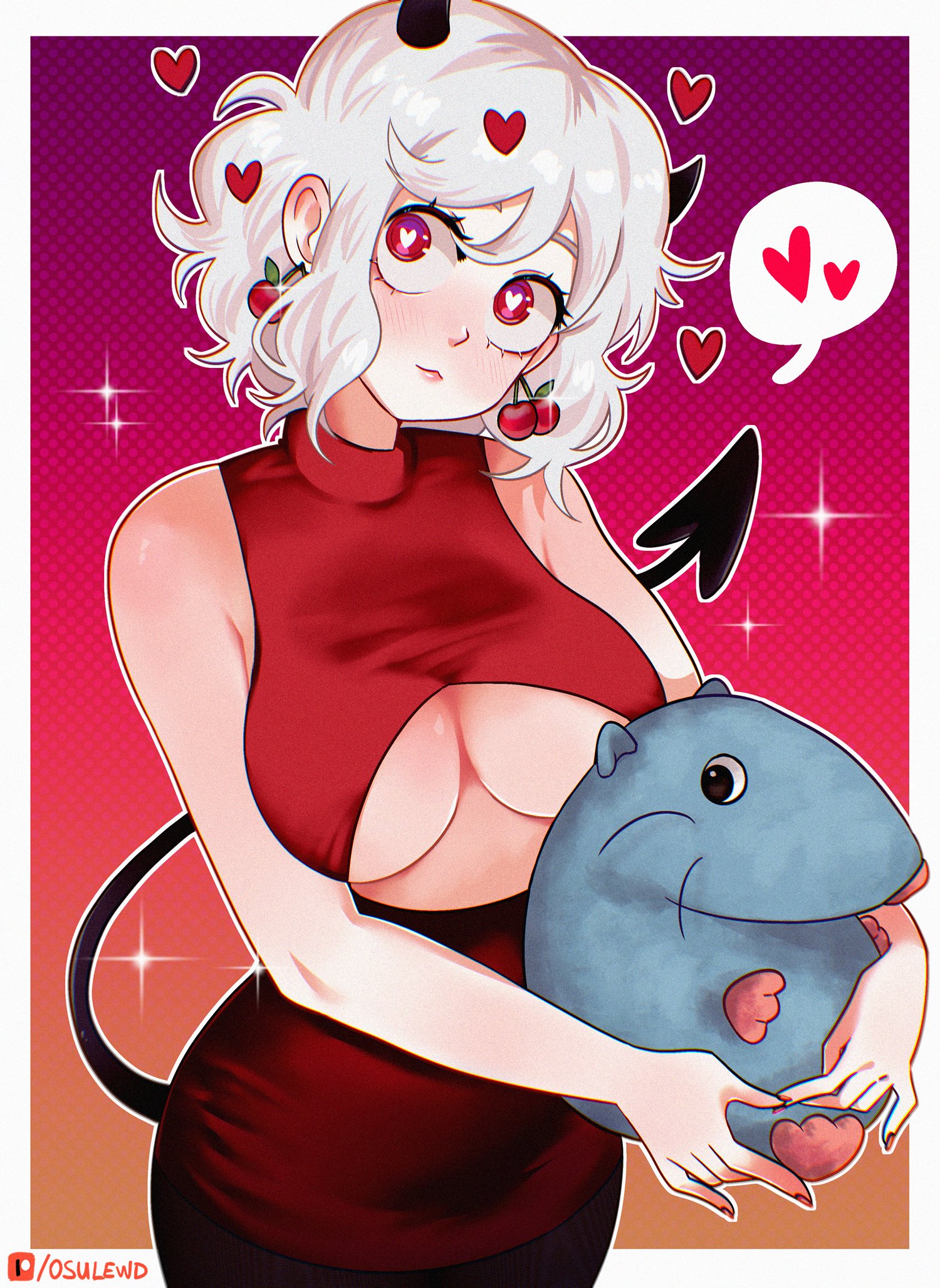 1girls, breasts, cherry earrings, demon, demon girl, demon tail, dress, female, female only, fully clothed, heart, heart-shaped pupils, helltaker, holding plushie, horns, modeus (helltaker), osulan, osulewd, pizza tower, plushie, red eyes, solo, stupid rat, underboob, white hair, white sclera