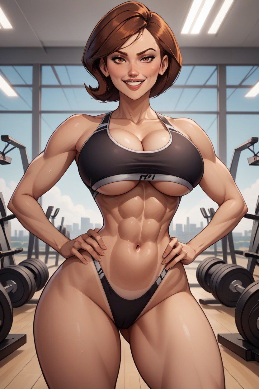 abs ai_generated ass auburn_hair big_ass big_boobs big_breasts boobs breasts brown_eyes capcom cleavage disney elastigirl fit fit_female full_cleavage helen_parr huge_breasts mature_female milf smile sports_bra the_incredibles thick_thighs thong thunder_thighs tight_clothing underboob wide_hips