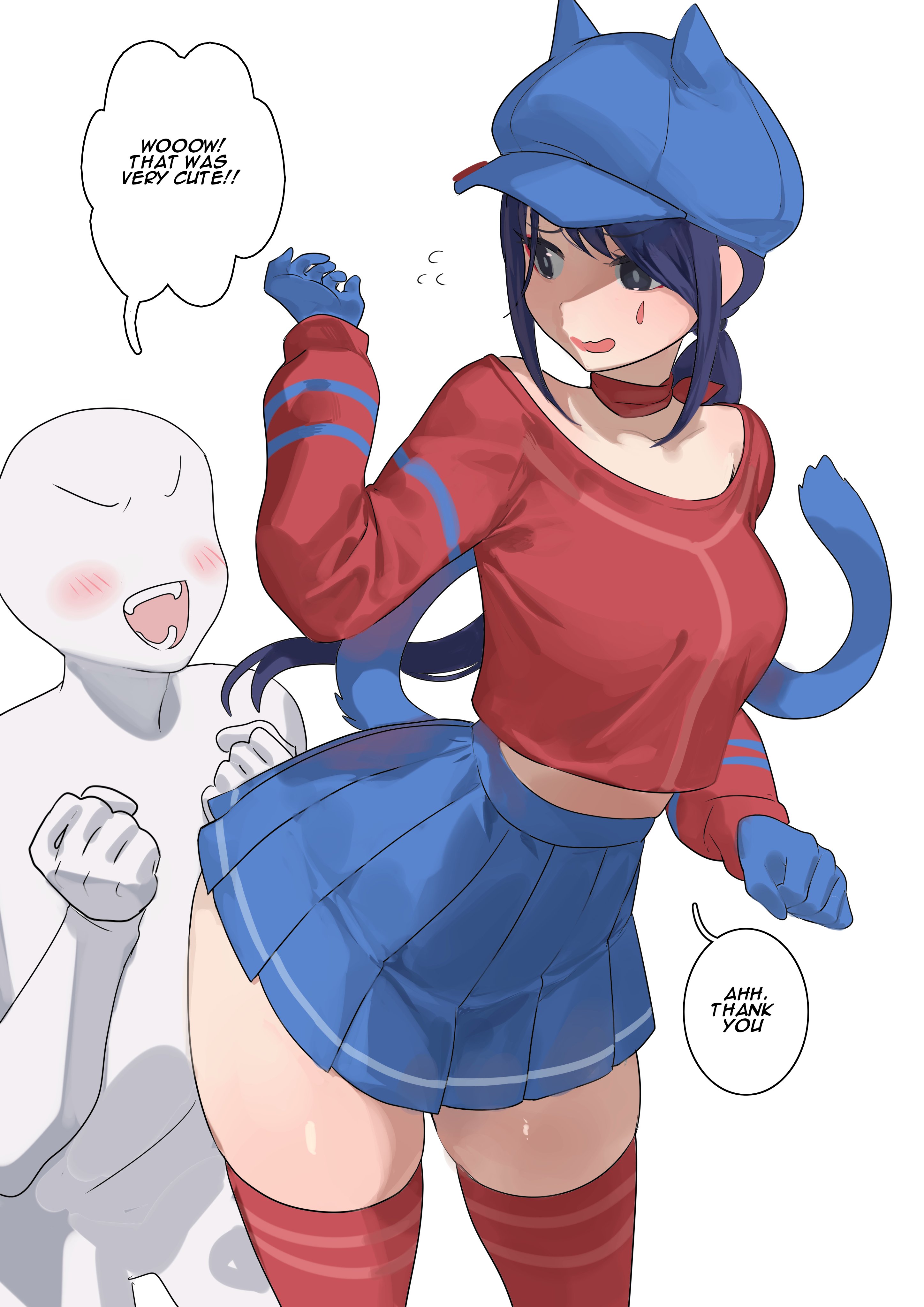 1boy, 1girls, blush, cappie (miside), cat tail, cool mita (miside), dialogue, eyeless male, female, fully clothed, gloves, hat, male, miniskirt, miside, mita (miside), nia (nia4294), nia4294, skirt, stockings, text