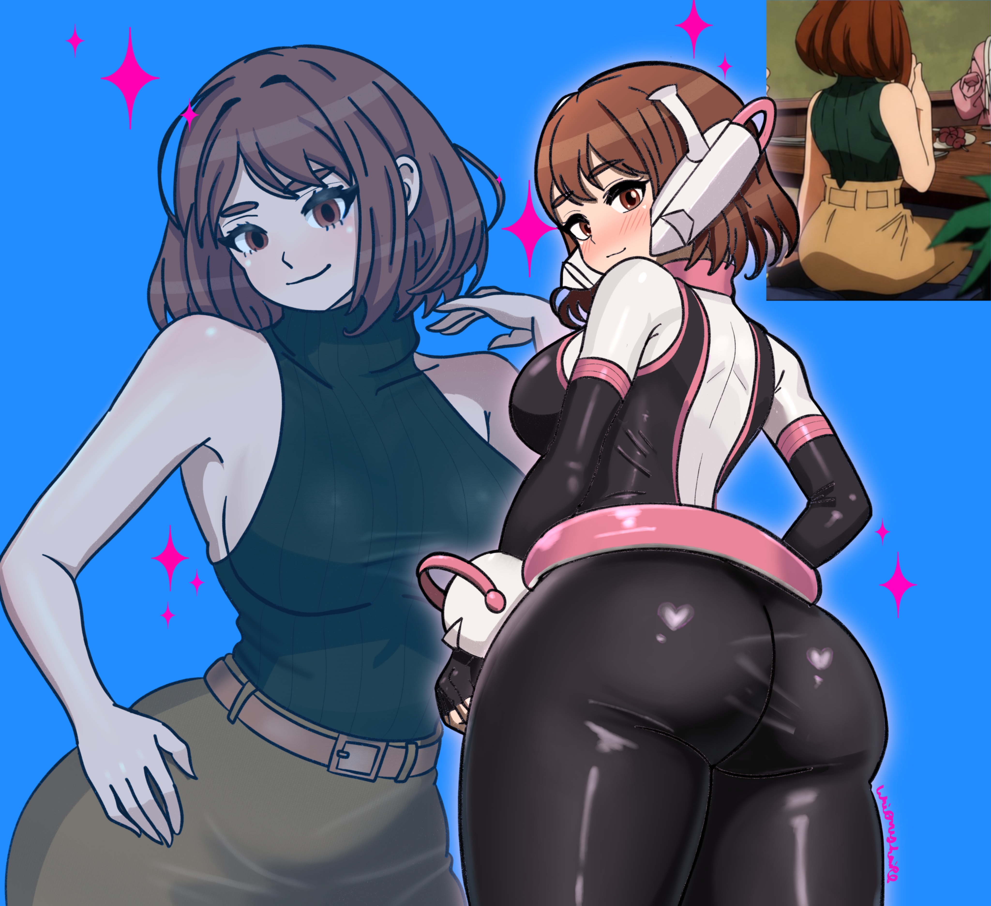 1girls, ass, big ass, boku no hero academia, breasts, fat ass, female, female focus, female only, female thick thighs, large ass, light skin, light-skinned female, my hero academia, my hero academia (finale), ochako uraraka, post-timeskip, reference image, screenshot insert, solo, thick thighs, thighs, whipmyhair, wide hips