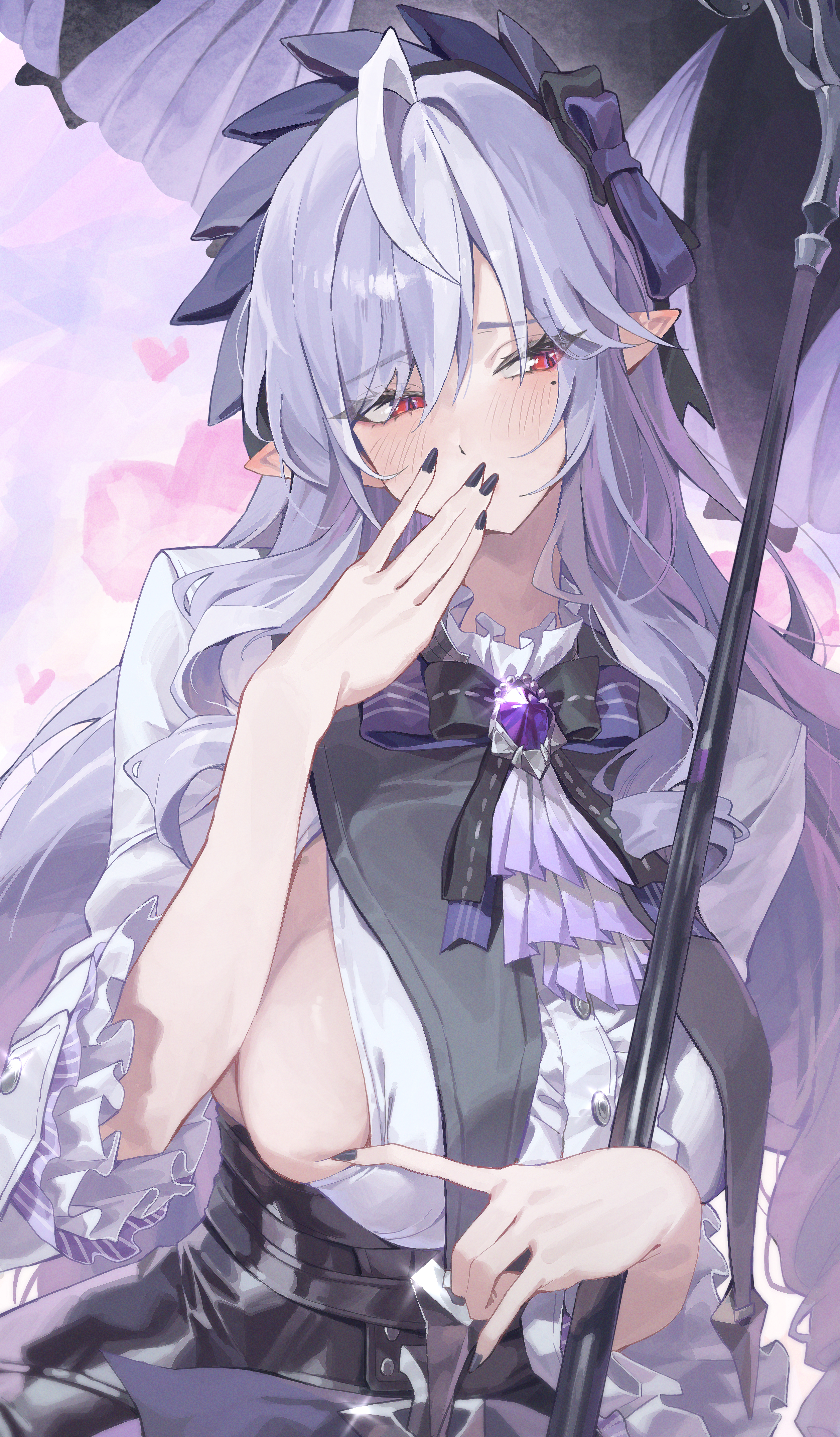 1girls, 2d, 2d (artwork), 2d artwork, 4 fingers, 5 fingers, black nails, blush, blush lines, blushing, blushing female, boobs, breasts, clothed, clothed female, clothes, colored nails, digital drawing (artwork), digital media, digital media (artwork), eyebrows, eyelashes, eyes, eyes open, female focus, female only, fingernails, fingers, girl, hair, hand covering mouth, holding object, holding parasol, hoyoverse, human, humanoid, light skin, light-skinned female, long hair, long hair female, long nails, looking away, mihoyo, mihoyo technology (shanghai) co. ltd., nail polish, nailpolish, nails, nails painted, netural, no bra, painted fingernails, painted nails, pale skin, pale-skinned female, parasol, pointy chin, pointy ears, purple hair, purple hair female, red eyes, revealing breasts, sexually suggestive, showing breasts, side boob, sideboob, simple background, skirt, slim, slim female, slim girl, suggestive, suggestive gesture, suggestive look, tits, video game character, video game franchise, vivian (zenless zone zero), vivian banshee, zenless zone zero