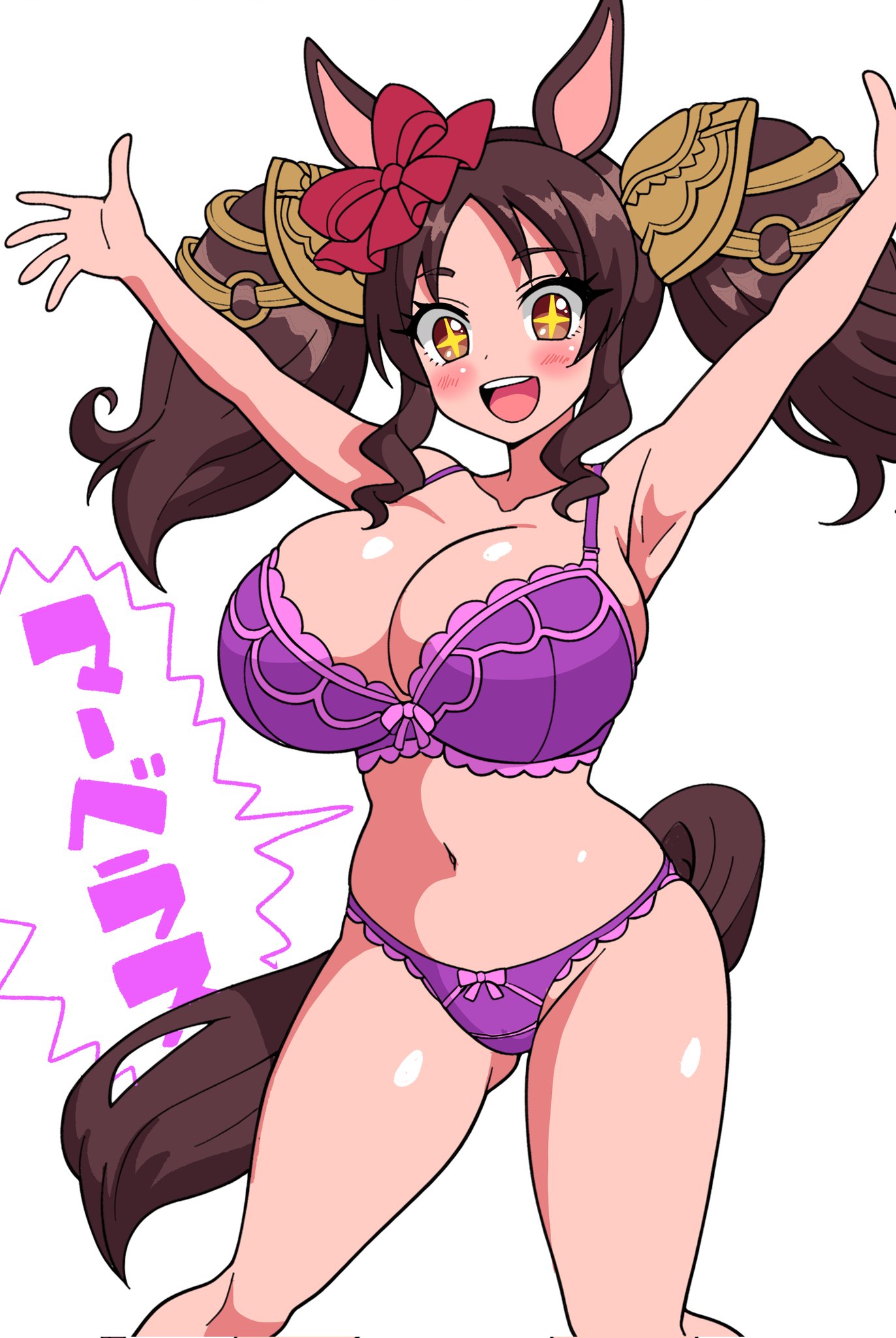 big breasts, cygames, marvelous sunday (umamusume), purple underwear, sodeshita mashumaro, twintails, umamusume, underwear