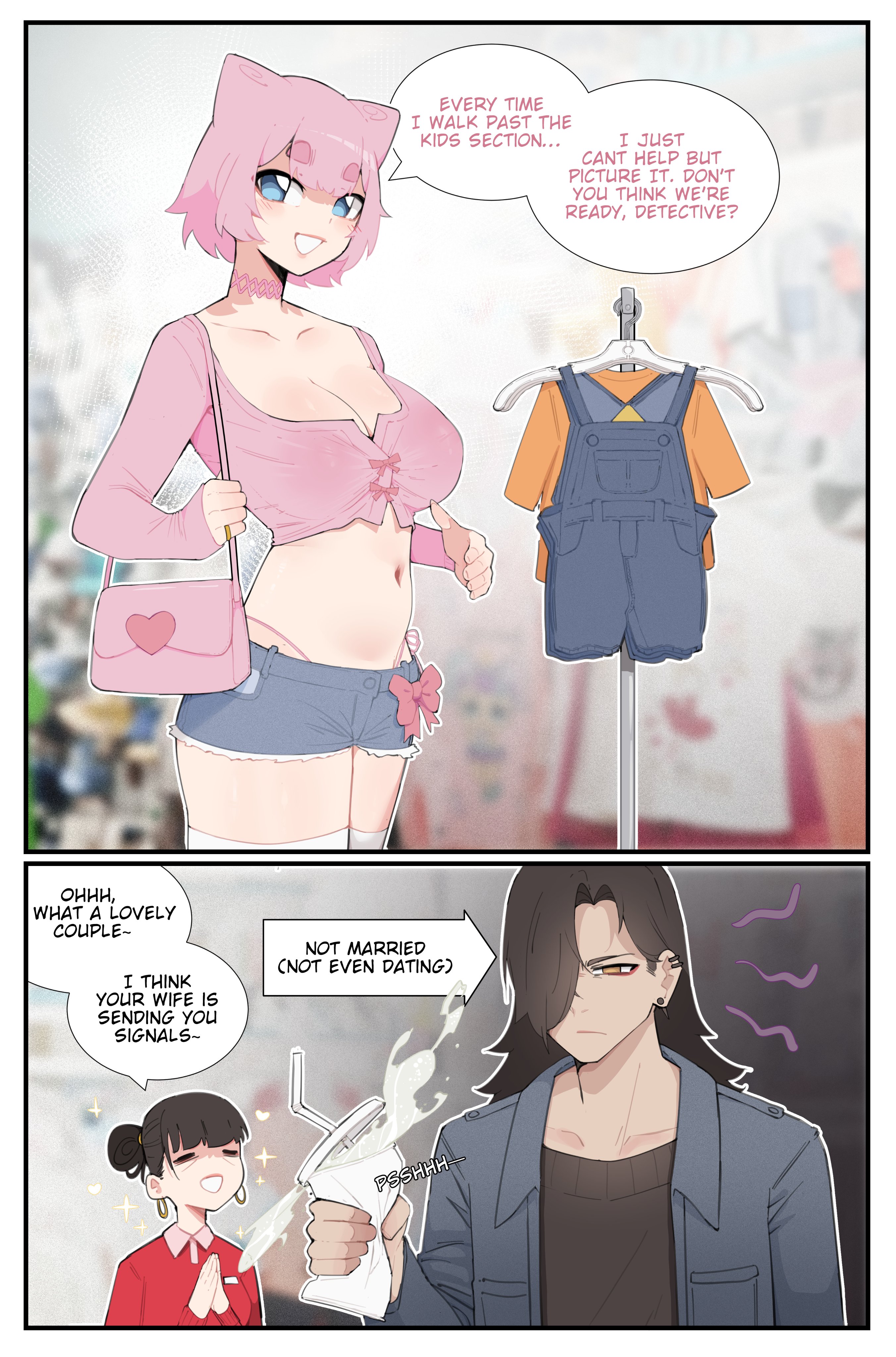 1boy, 2girls, absurd res, angry expression, black hair, blue eyes, dialogue, english text, eyebrows visible through hair, female, generation 1 pokemon, grin, grinning at viewer, hair over one eye, human, humanized, humanized pokemon, legendary pokemon, light blush, long hair, looking at viewer, luxurias, male, mew, narrowed eyes, nintendo, pink hair, pokemon, pokemon (species), requesting impregnation, smiling, smiling at viewer, speech bubble, thick eyebrows, vanessa (luxuriass), wholesome, yellow eyes