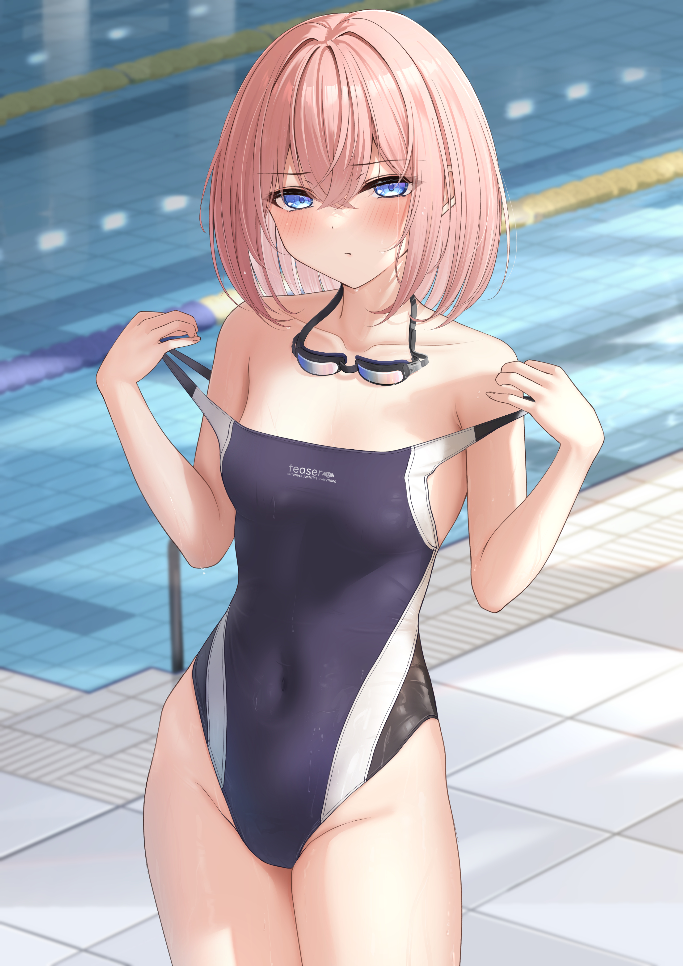 bangs, bare shoulders, blue eyes, blush, breasts, brown hair, closed mouth, collarbone, commentary request, covered navel, cowboy shot, crossed bangs, female, goggles, goggles around neck, highres, koakuma-chan (monaka curl), looking at viewer, medium breasts, monaka curl, off shoulder, one-piece swimsuit, original, pink hair, pool, short hair, solo, strap pull, swimsuit, thighs